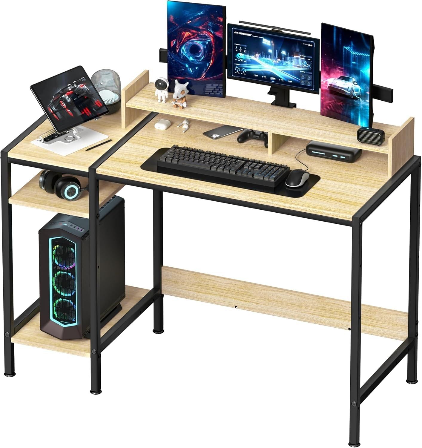 Small Computer Gaming Desk - 47” Home Office Desk with Storage, Monitor Stand for 2 Monitors, Adjustable Storage Space, Writing,Modern Design Corner Table, Beech.