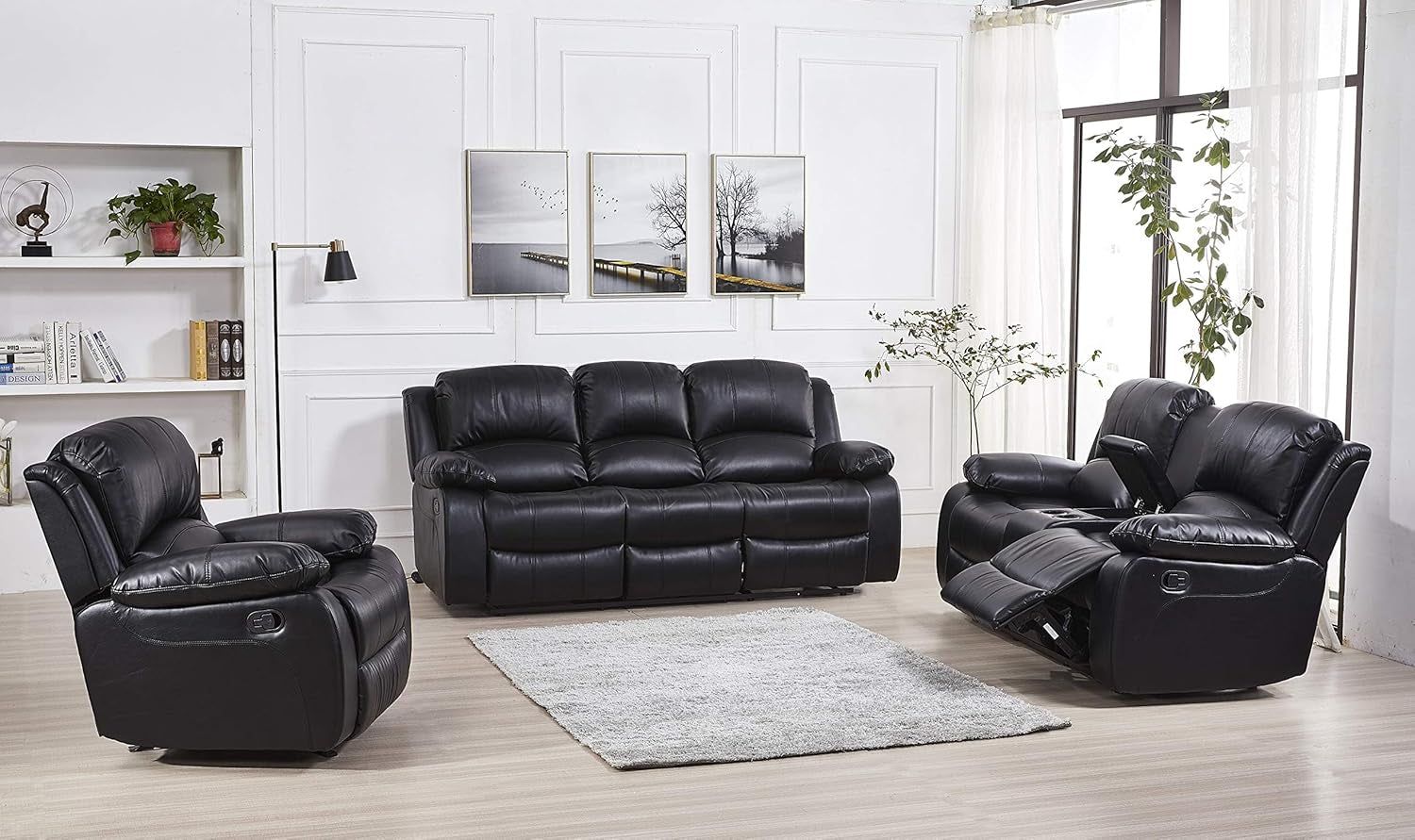 3PC Bonded Leather Reclining Sofa Chair Set Living Room Set Sofa Loveseat Glider Chair 8018 Multiple Colors (Black)