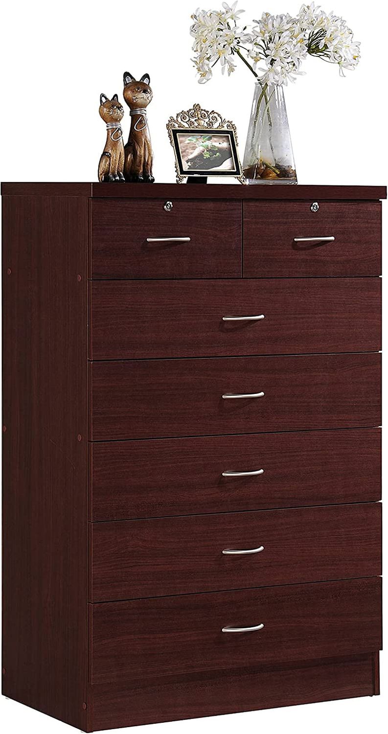 7 Drawer Wood Dresser for Bedroom, 31.5 Inch Wide Chest of Drawers, with 2 Locks on the Top Drawers, Storage Organization Unit for Clothing, Mahogany
