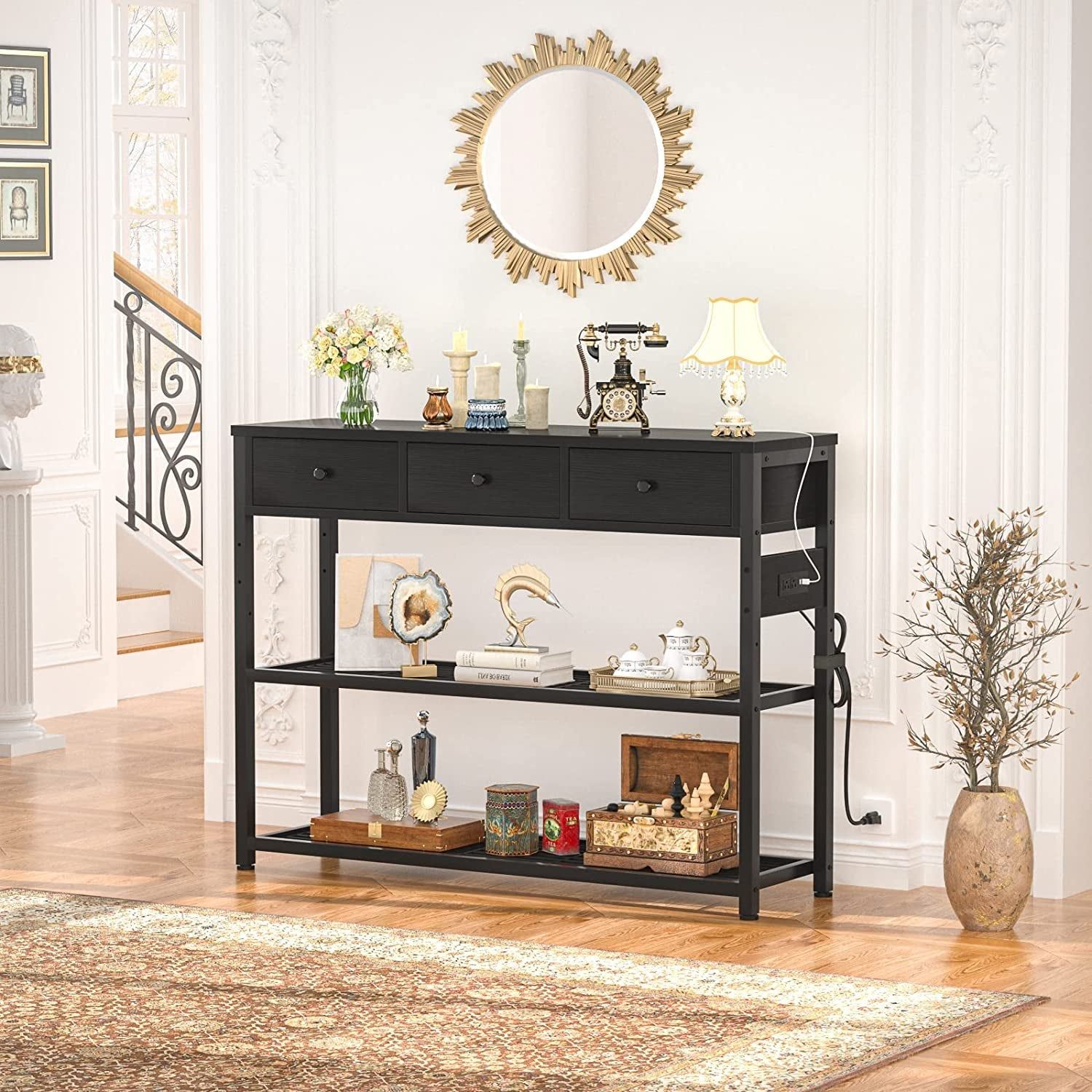 Black Console Table with Outlets and USB Ports
