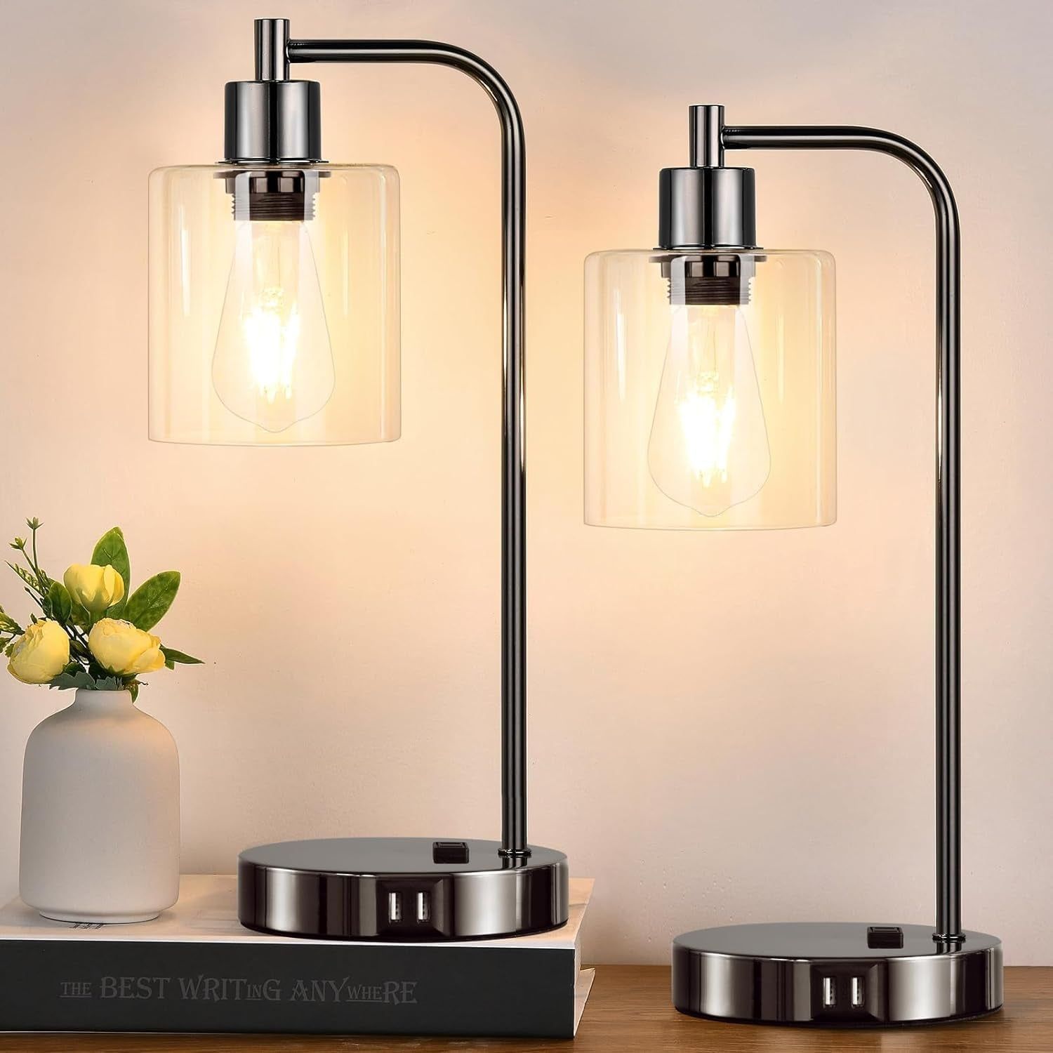 Industrial Touch Control Table Lamps Set of 2 - Black Nickel Bedside Lamps with 2 USB Ports &amp; AC Outlet, 3-Way Dimmable Nightstand Desk Lamp for Bedroom Living Room, Glass Shade &amp; 2 LED Bulbs Included