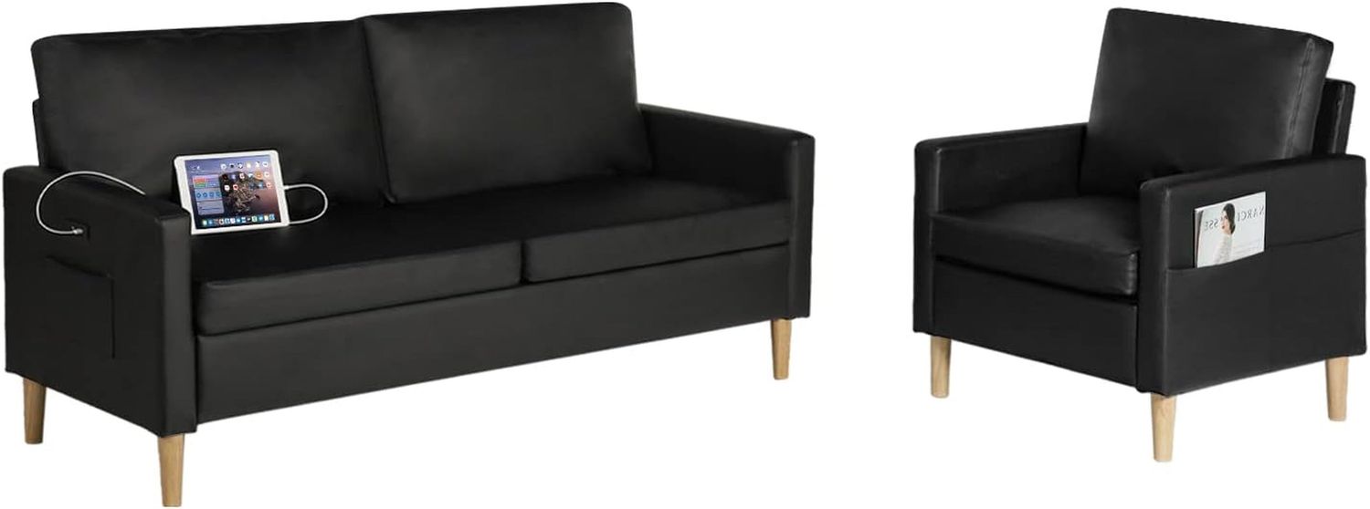 Mid-Century Sectional Sofa Sets 2 Pieces Faux Leather Loveseat Couches with 2 USB Living Room Furniture Accent Arm Chairs for Small Space, Apartment, Office (Black, 1-Seater+3-Seater)