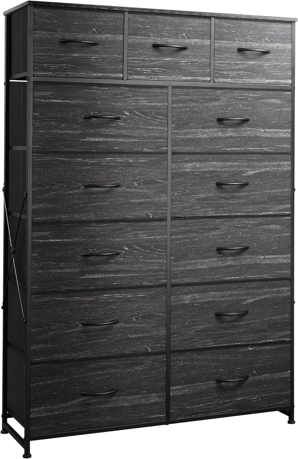 Tall Dresser for Bedroom with 13 Drawers, Storage Dresser Organizer Unit, Fabric Dresser for Bedroom, Closet, Chest of Drawers, Steel Frame, Wood Top, Charcoal Black Wood Grain Print