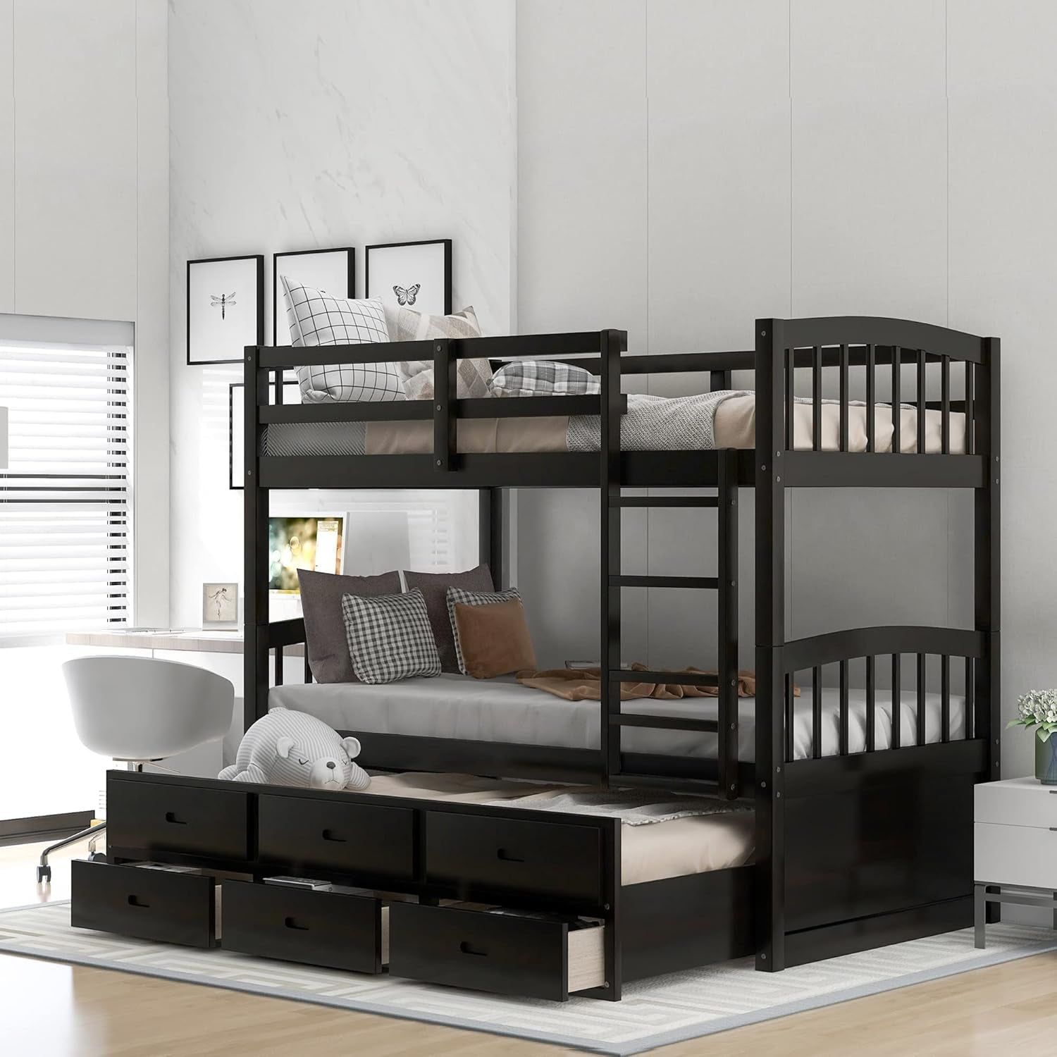Twin over Twin Bunk Bed with Trundle and 3 Drawers, Solid Wood Bunk Bed Frame with Ladder and Full Guardrails, for Teens, Espresso
