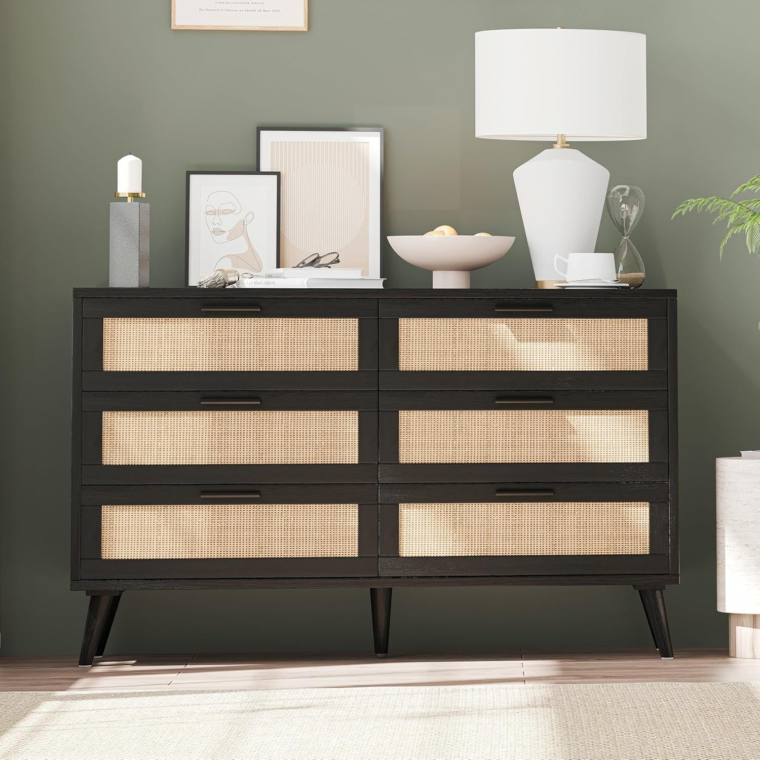6 Drawer Double Dresser for Bedroom, Rattan Chest of Dressers, Modern Wooden Dresser Chest with Golden Handles, beside Table for Closet, Living Room and Entryway, Black and Natural