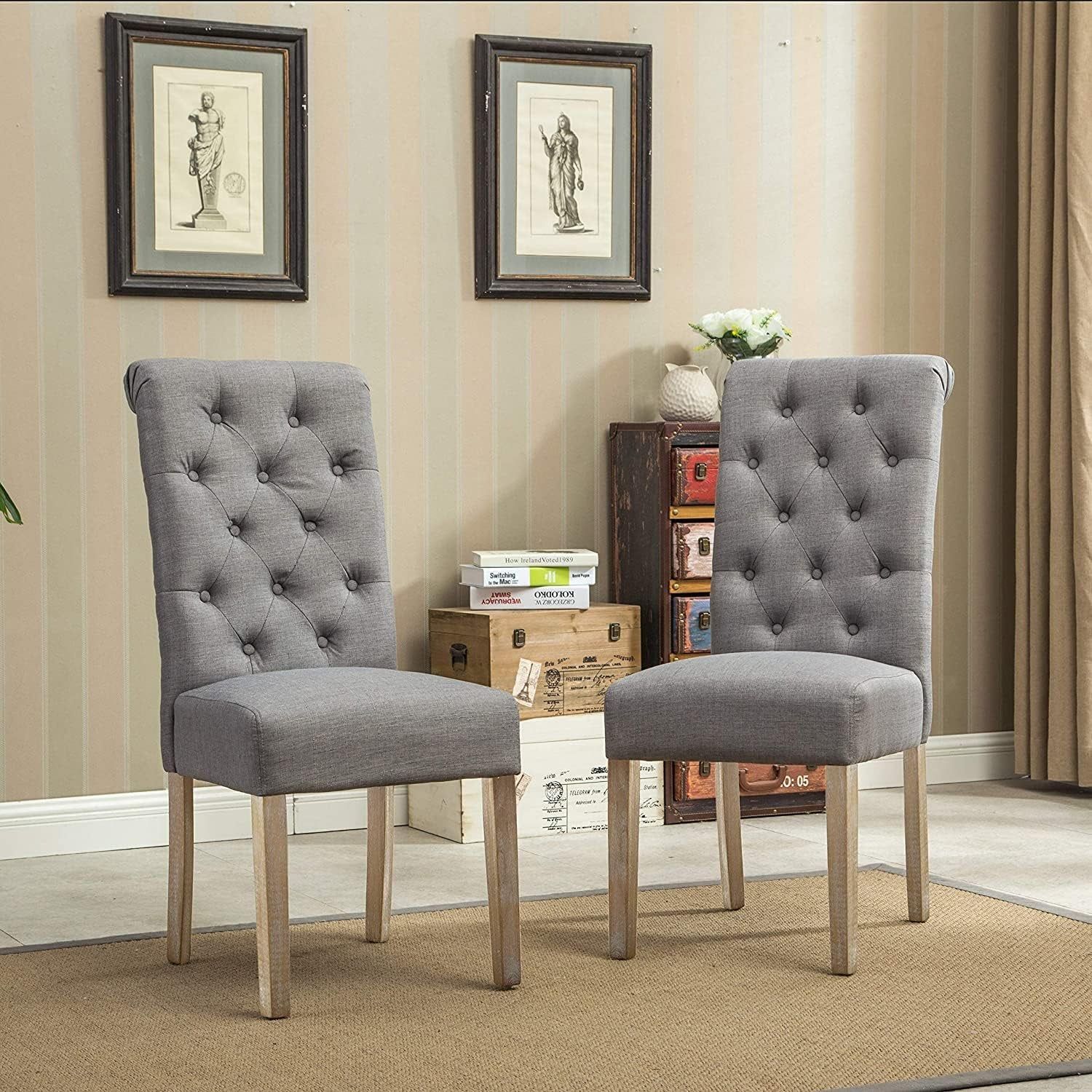Habit Grey Solid Wood Tufted Parsons Dining Chair (Set of 2), Gray