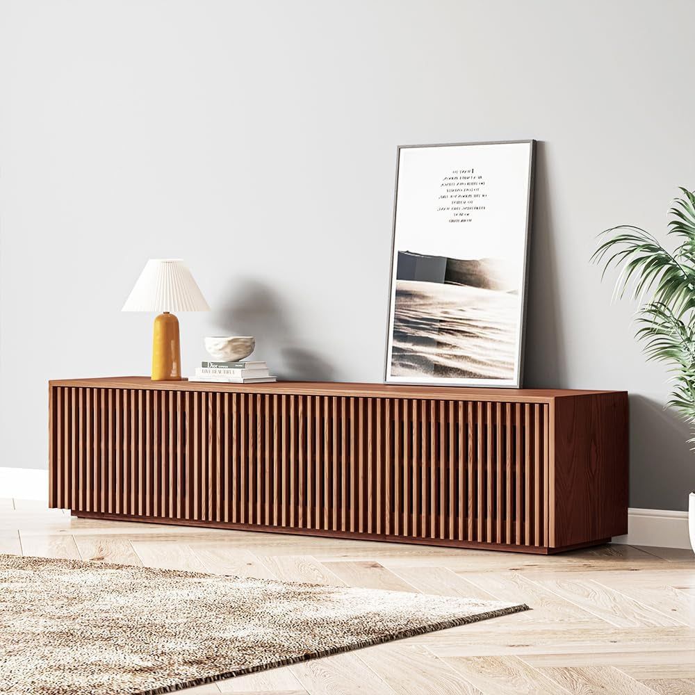Mid Century Modern TV Stand, Solid Wood Media Console for 65 Inch TV, Full Assembled Farmhouse Entertainment Center with Storage for Living Room, Low Cabinet with Removable Shelves