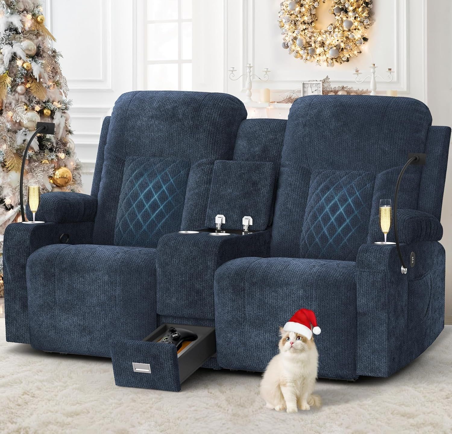 Fabric Loveseat Recliner, Reclining Loveseat Sofa with Storage Console, Recliner Chair with USB Ports, 2 Cell Phone Holders, Cup Holder, Loveseat Couch for Living Room (Navy Blue)