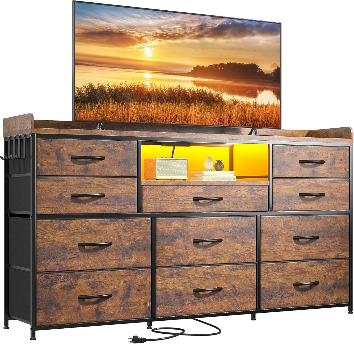 Dresser TV Stand with 11 Drawers for 60&quot; TV Stand for Bedroom with LED Lights &amp; Power Outlets Long Dresser for Bedroom with Shelves &amp; 4 Hooks, Sturdy Metal Frame &amp; Thick Wood Top, Rustic Brown