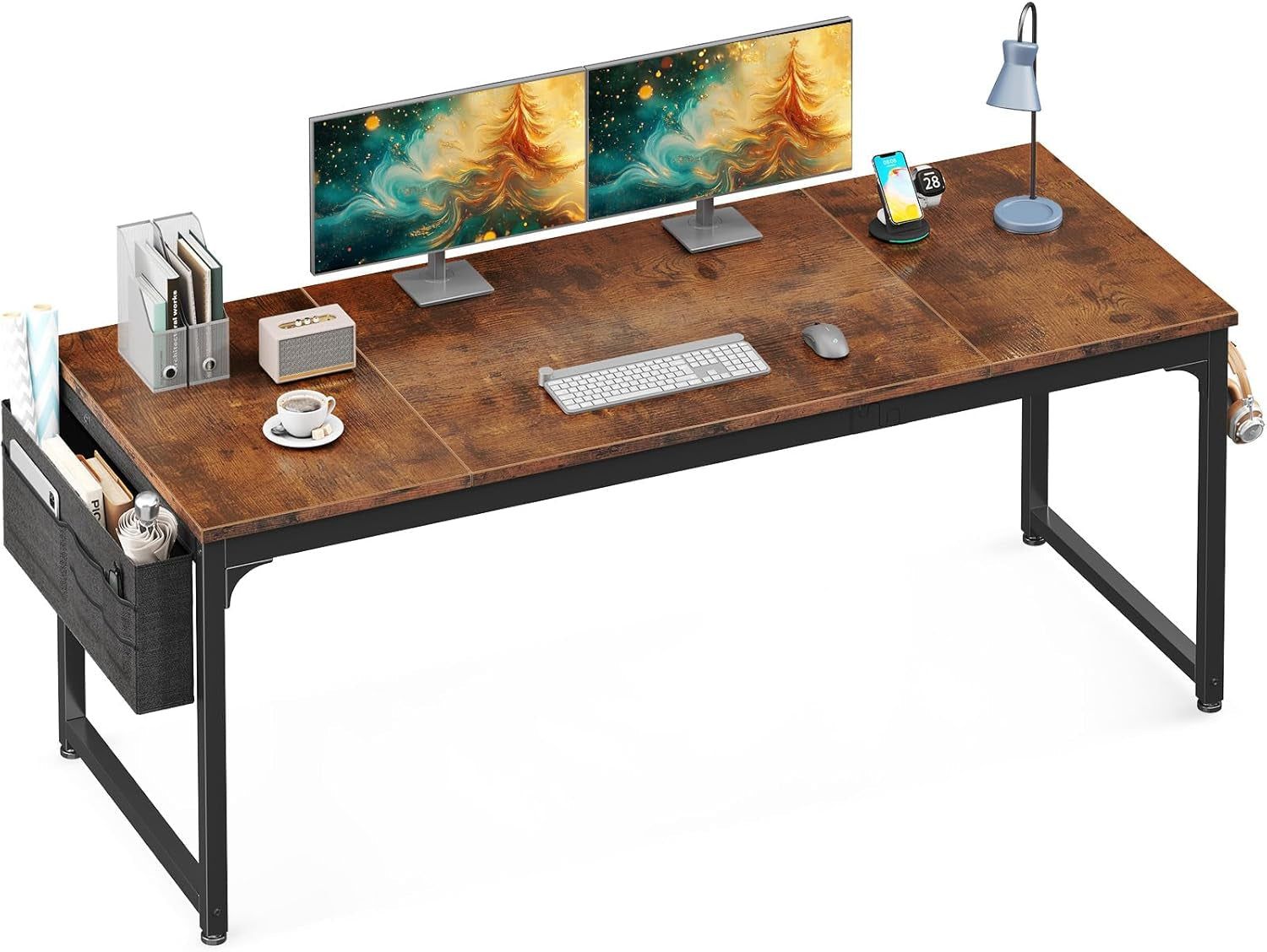 Computer Desk Large Office Desk, 63 Inch Gaming Desk with Storage, Modern PC Desk Work Table with Headphone Hook for Home Office, Splice Board, Rustic Brown