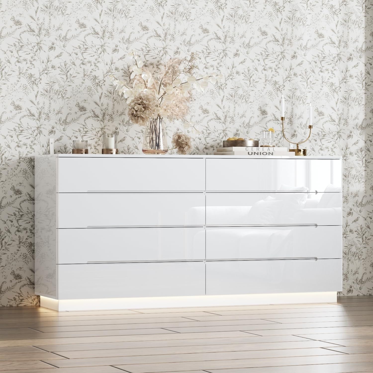 White Drawer Dresser with LED Light, Modern High Gloss Dresser with 8 Drawers, 63&quot; Long Dresser Double Dresser Storage Chest of Drawer for Bedroom, Living Room, Entryway