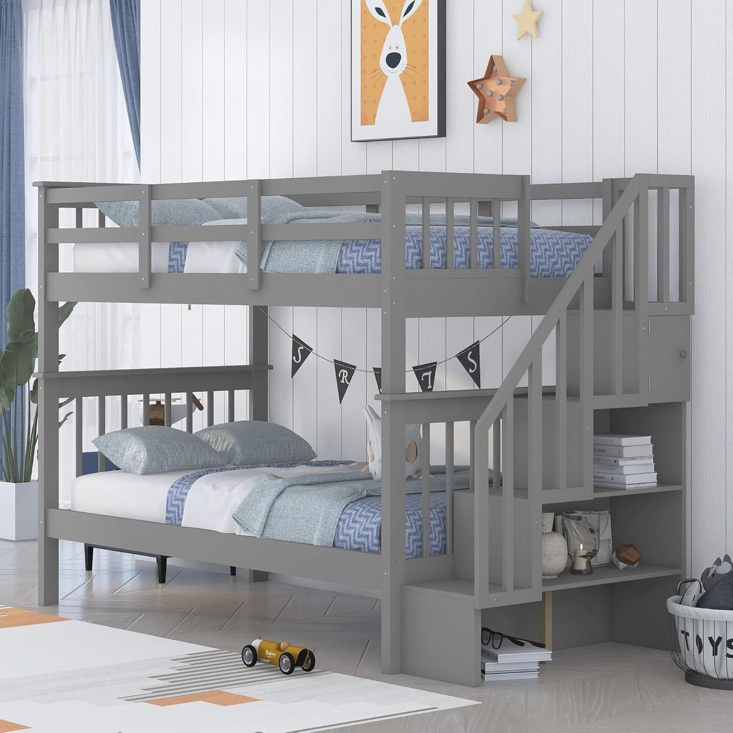 Bunk Beds Twin over Twin with Stairs, Wood Bunk Bed Frame with Storage and Guard Rail,Twin Bunk Beds for Kids, Bedroom, Dorm, Teens, Adults,Grey