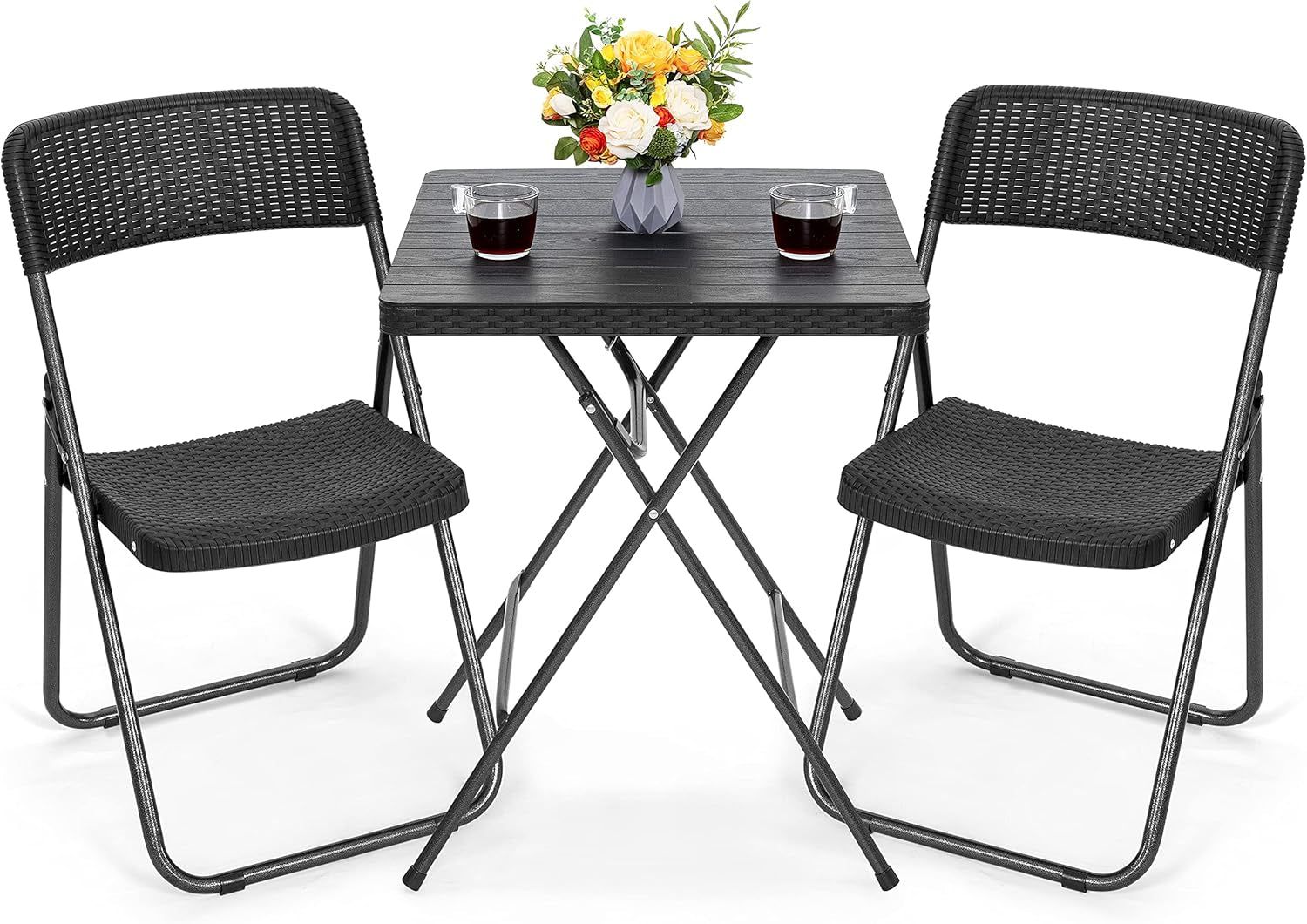 3 Piece Outdoor Folding Patio Set, Weather-Resistant Rattan Folding Patio Table and Wicker Patio Chairs for Indoors and Outdoors, Backyard, Pool, Lawn, Porch, Balcony, Black