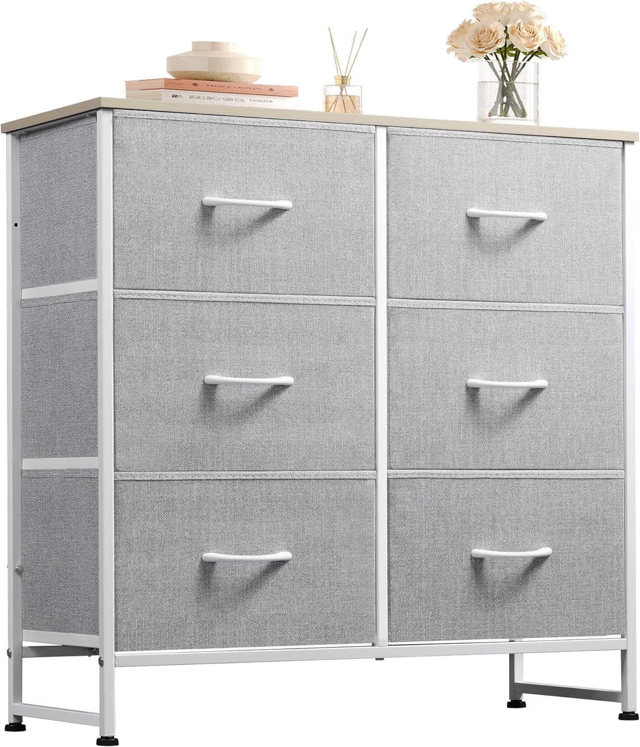 Fabric Dresser for Bedroom, 6 Drawer Double Dresser, Storage Tower with Fabric Bins, Chest of Drawers for Closet, Living Room, Hallway, Light Grey