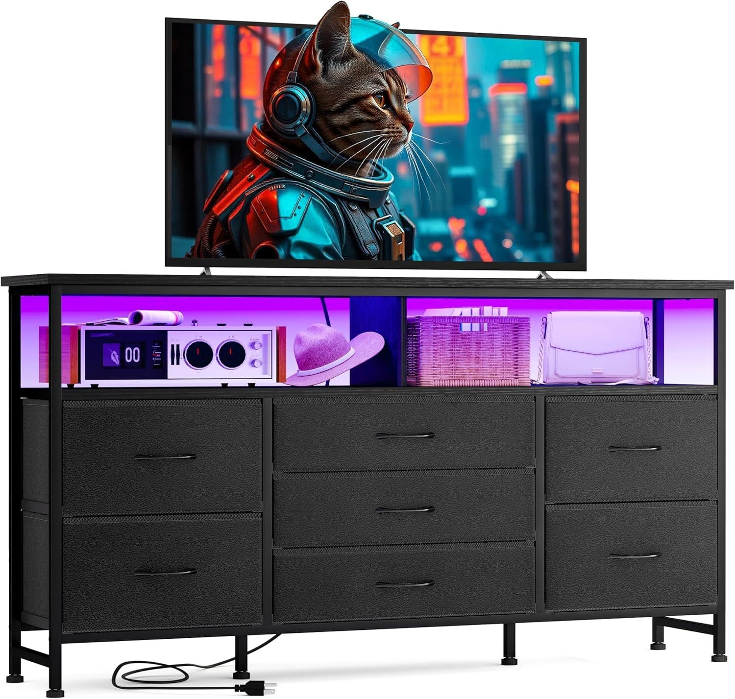 Black Dresser for Bedroom with Power Outlets and LED Lights, 55 Inch Drawer TV Stand with 7 Fabric Drawers, TV Stand for Bedroom up to 65 Inch TV, Chests of Drawers for Bedroom Black