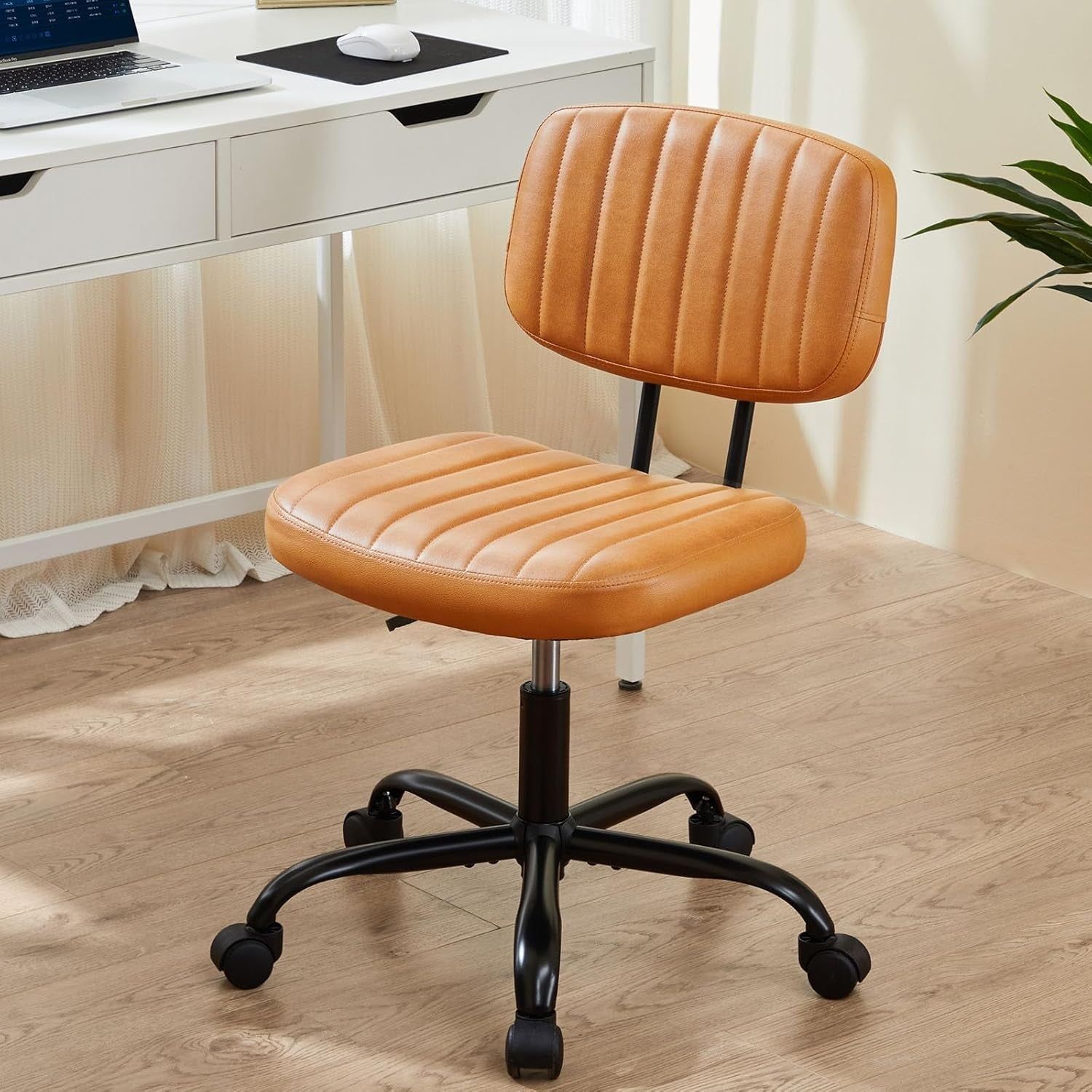 Small Office Desk Chair with Wheels Armless Comfy Computer Chair with Lumbar Support, PU Leather Low Back Adjustable Height 360° Rolling Swivel Task Chair without Arm for Home, Bedroom