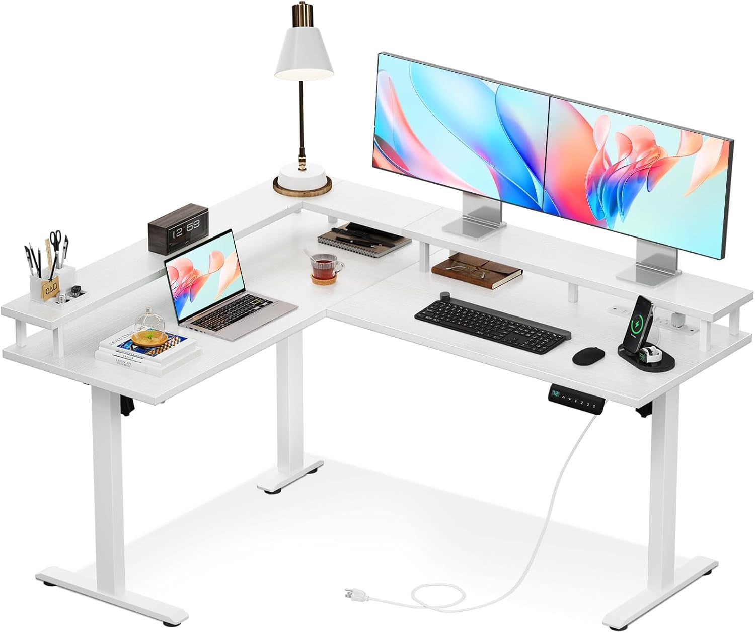 Electric L Shaped Standing Desk, 59 Inch Height Adjustable Stand up Desk with Power Outlets ＆ Full Monitor Stand, Reversible Corner Desk for Home Office ＆ Computer Workstation, White