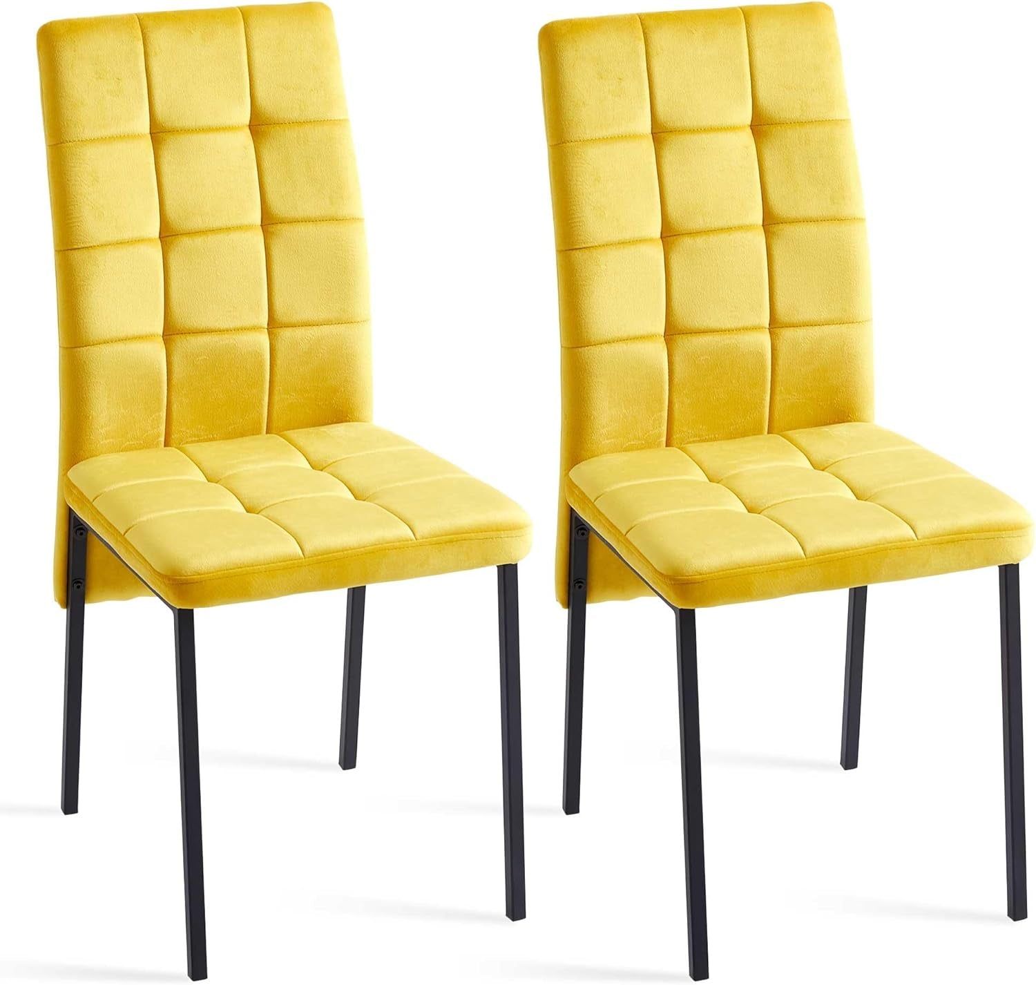 Upholstered Velvet Dining Chairs Classic Kitchen High Back Chairs Set of 2, Featured Dovetail Tufted Side Chairs, Black Metal Legs, Yellow