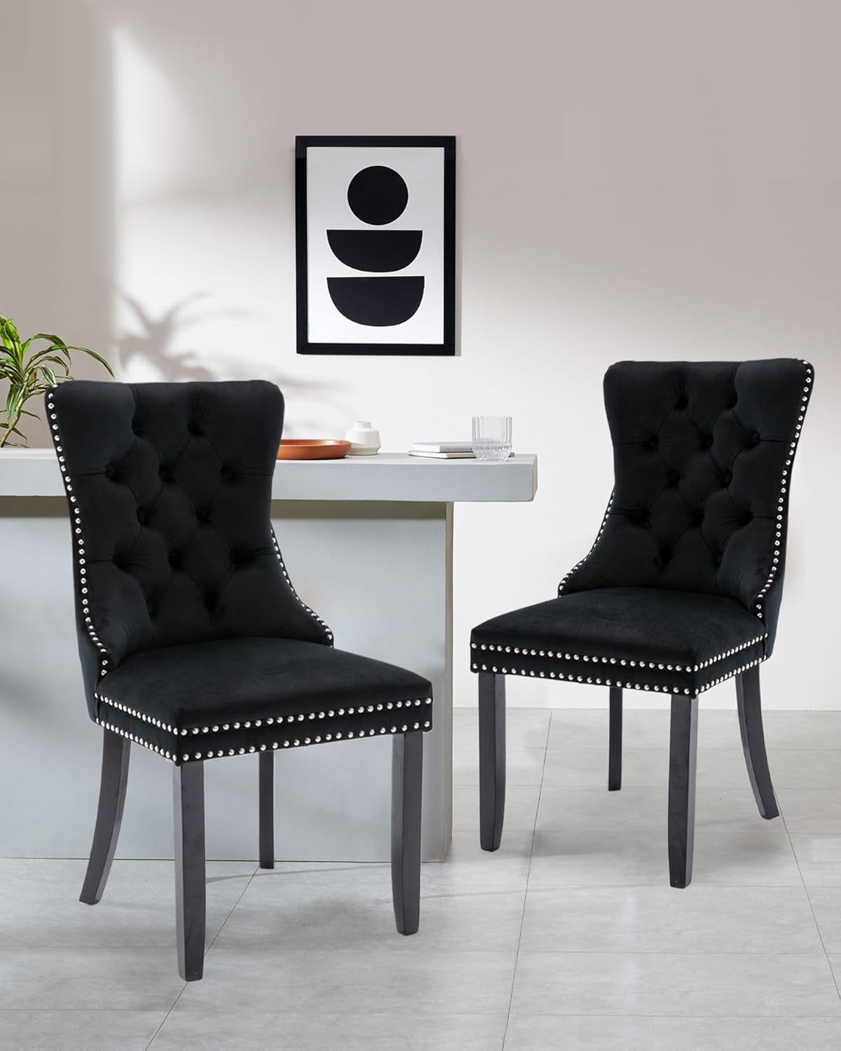 Velvet Dining Chair Set of 2 Upholstered Tufted Dining Room Chair with Nailhead Trim and Solid Wood Legs for Kitchen, Restaurant,Black