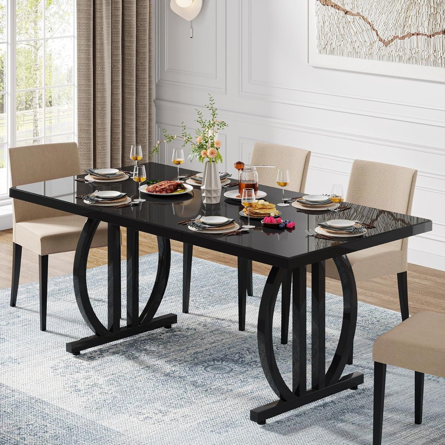 Black Dining Table for 4 to 6 People, 63-Inch Rectangular Dining Room Table with Thickened Top and Metal Frame, Modern Wood Kitchen Table for Home, Dining Room