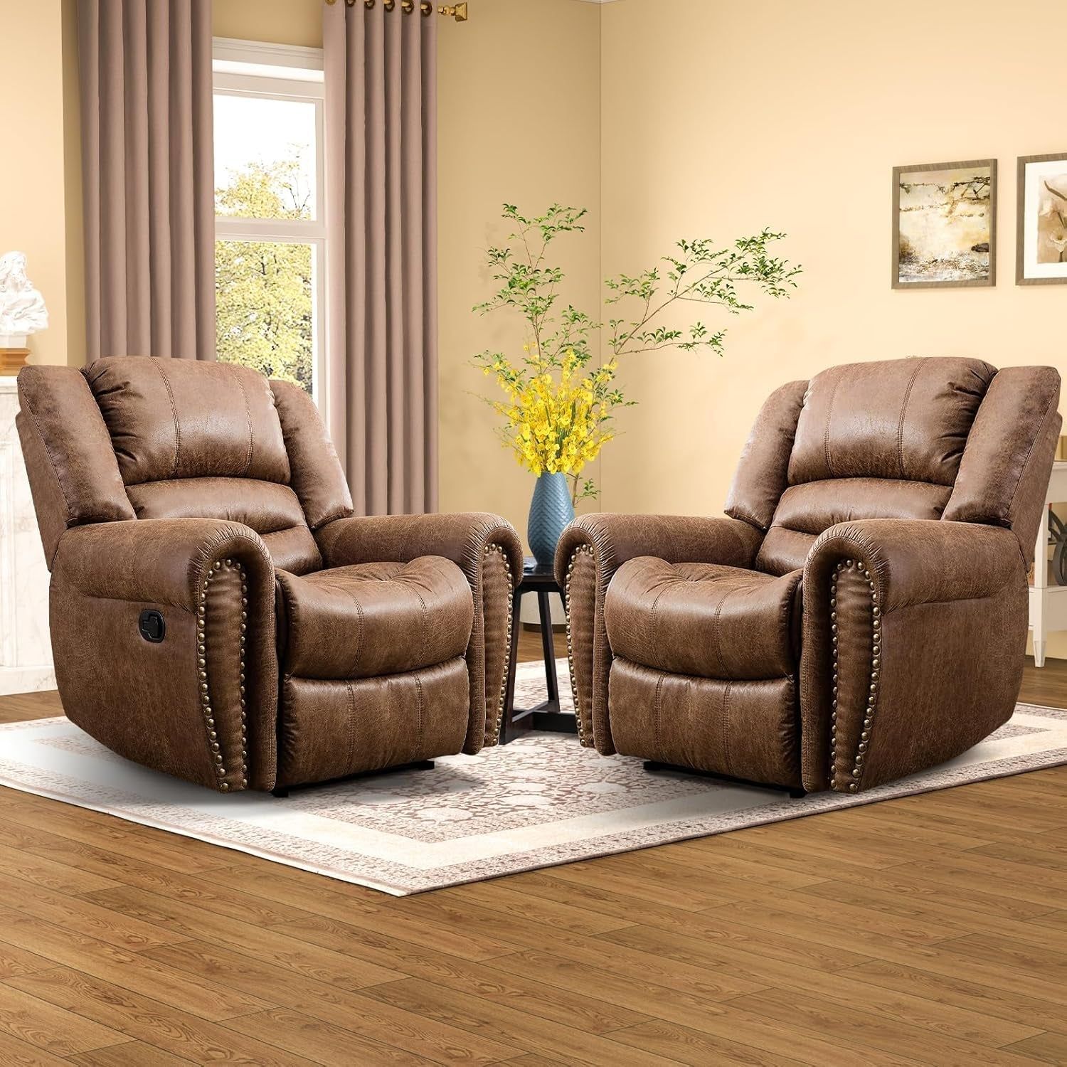 Leather Recliner Chair Set of 2, Classic and Traditional Manual Recliner Chair with Comfortable Arms and Back,Manual Single Recliner Sofa for Living Room, Nut Brown