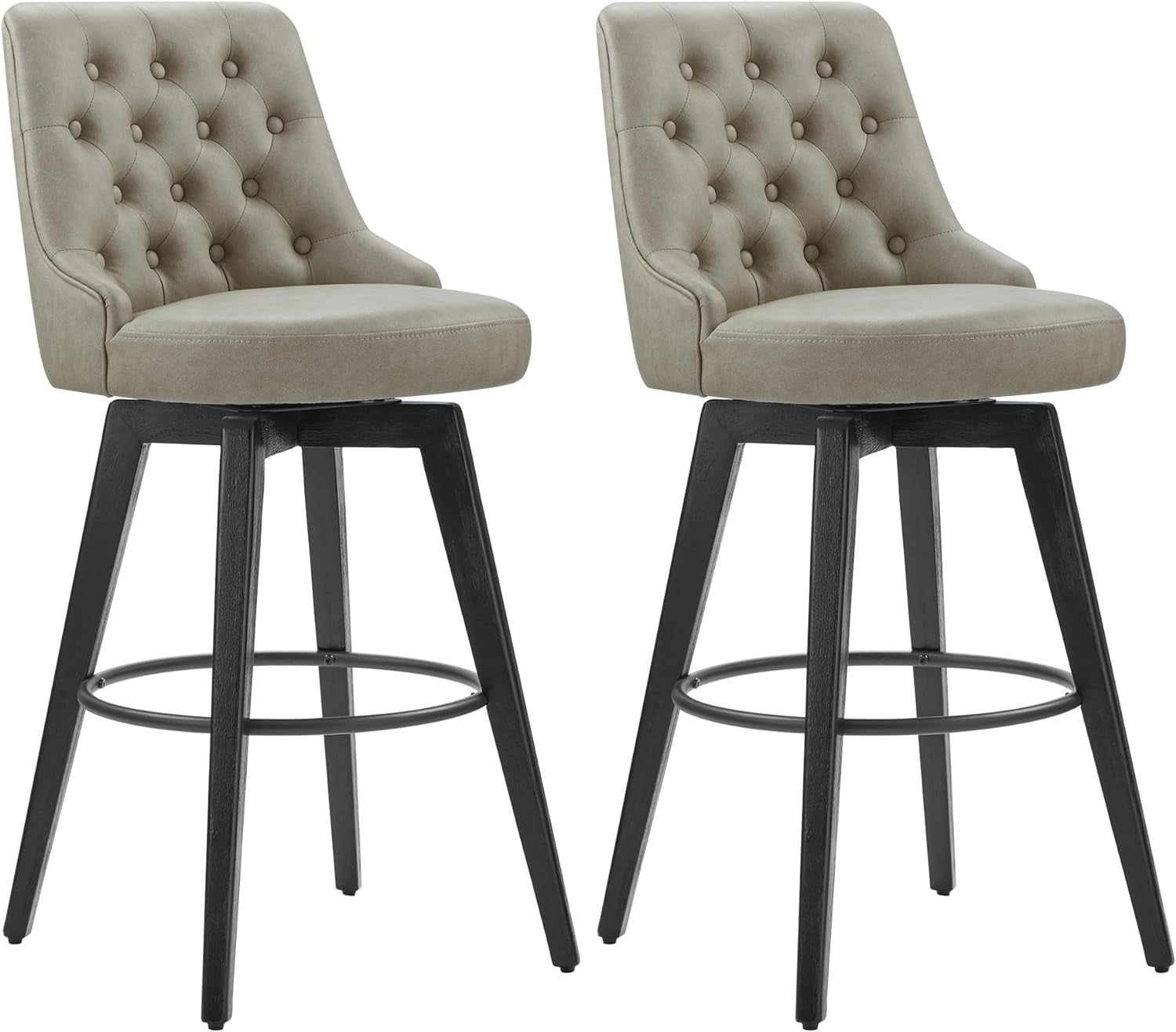 Bar Stools, 360° Swivel Upholstered Bar Stool with Back, 30&quot; H Bar Height Barstools, Set of 2, Faux Leather in Stone Grey