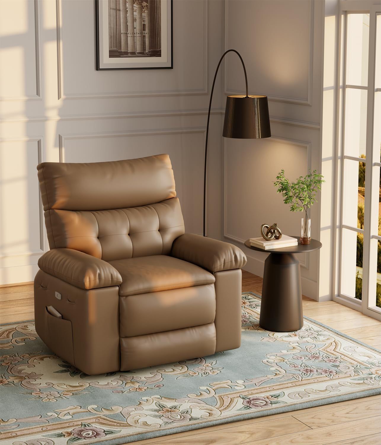 Oversized Recliner Chair for Adults,Pu Leather Electric Rocker Recliner,360 Degree Swivel Lounge Chair with Side Pocket,Modern Massage Recliner Chair Sofa for Living Room,Bedroom (Light Brown)