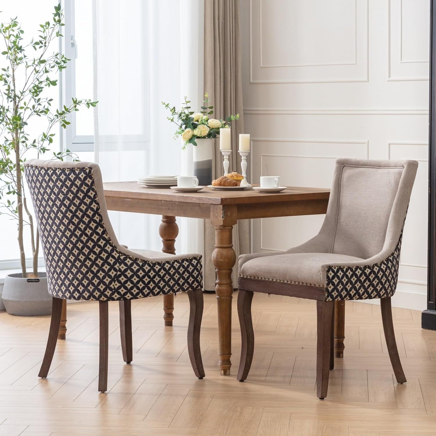 Beige Patterned Modern High Back Dining Chairs Set