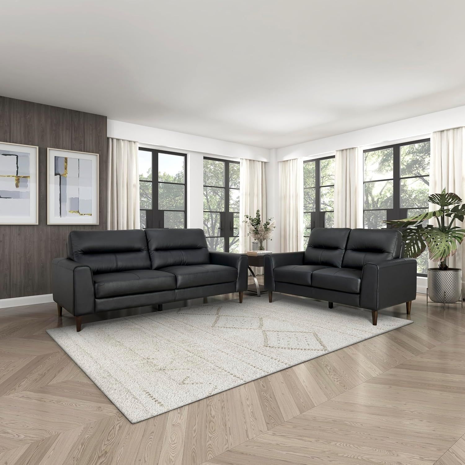 Prenzo Leather Match Living Room Sofa Set, 2-Piece, Black