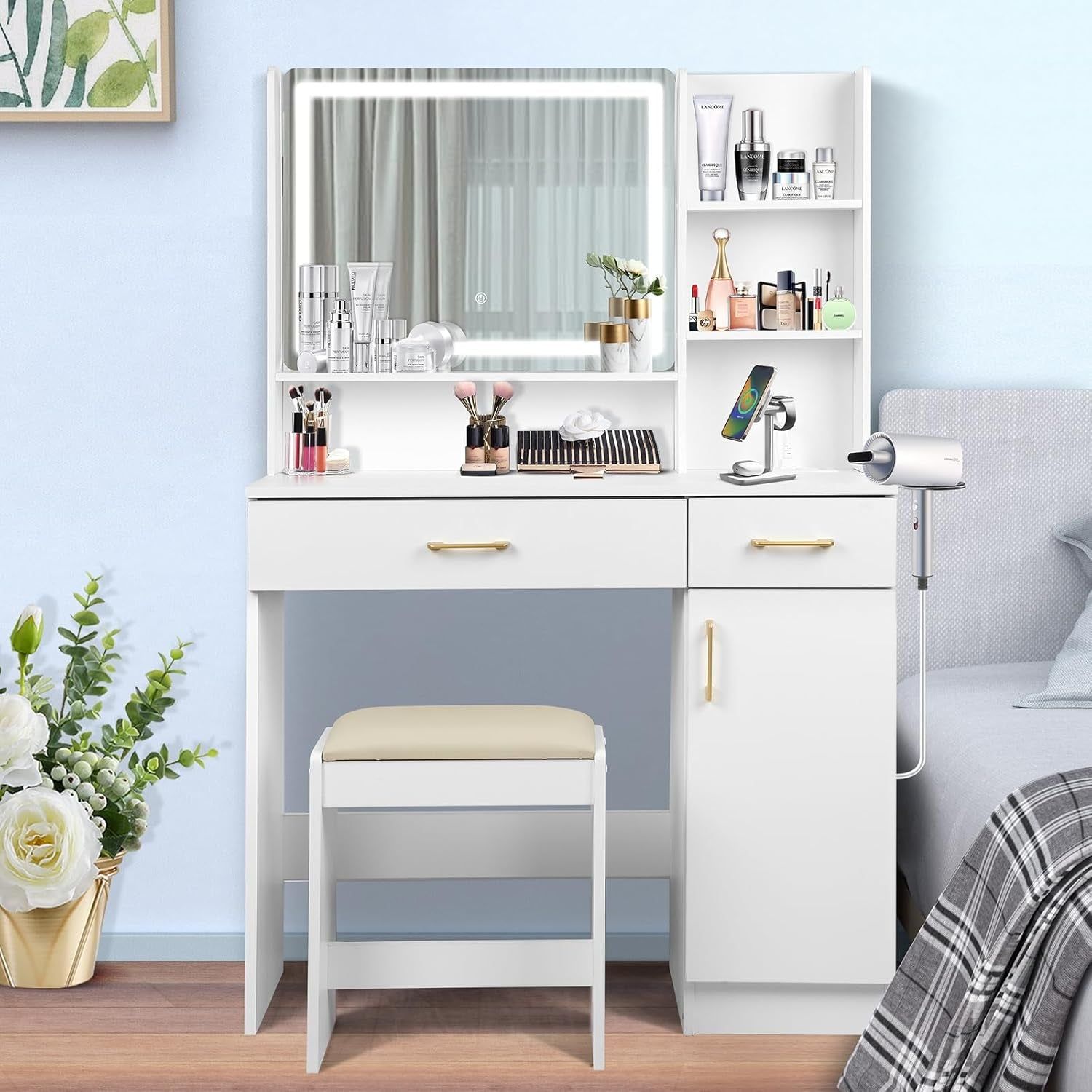 White Vanity Set Mirror, Lights, Drawers, Chair, Charge
