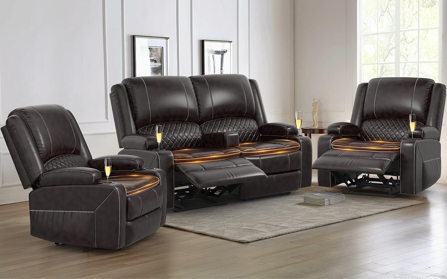 Grey Leather Reclining Loveseat Set Console, 2 Chairs