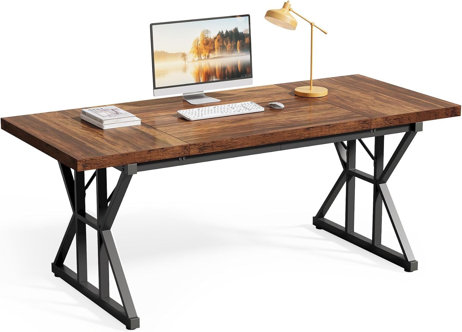 70.8-Inch Office Desk, Wooden Executive Office Desk, Modern Work Desk, Large Farmhouse Writing Table Computer Desk for Home, Brown-Black