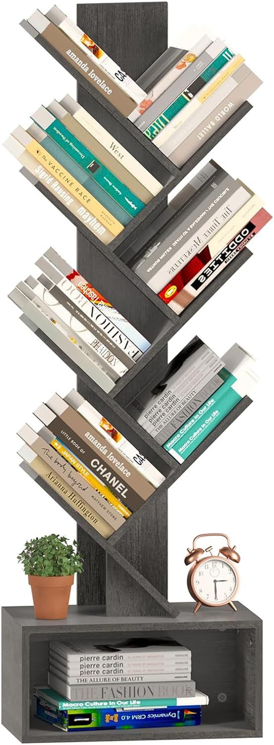 Tree Bookshelf - 6 Shelf Retro Floor Standing Bookcase, Tall Wood Book Storage Rack for Cds/Movies/Books, Utility Book Organizer Shelves for Bedroom, Living Room, Home Office, Dark Grey