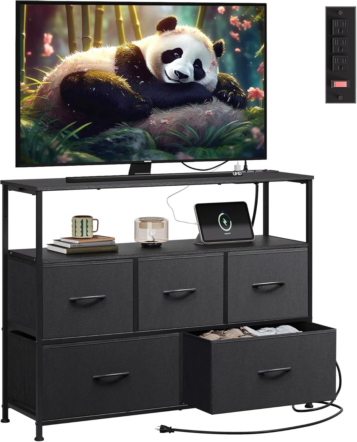 Dresser TV Stand for Bedroom, Entertainment Center with Open Shelf and Power Outlet, Black Fabric Dressers with 5 Drawers, TV Stands for Closet
