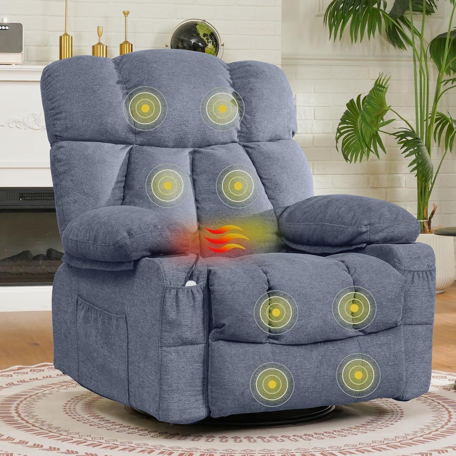 XRC3 Rocker Recliner Chair for Adults W/Massage &amp; Heat, 360° Swivel Recliner Chair W/Cup Holders, USB Port, Manual Glider Rocking Chair for Living Room Nusery, Blue