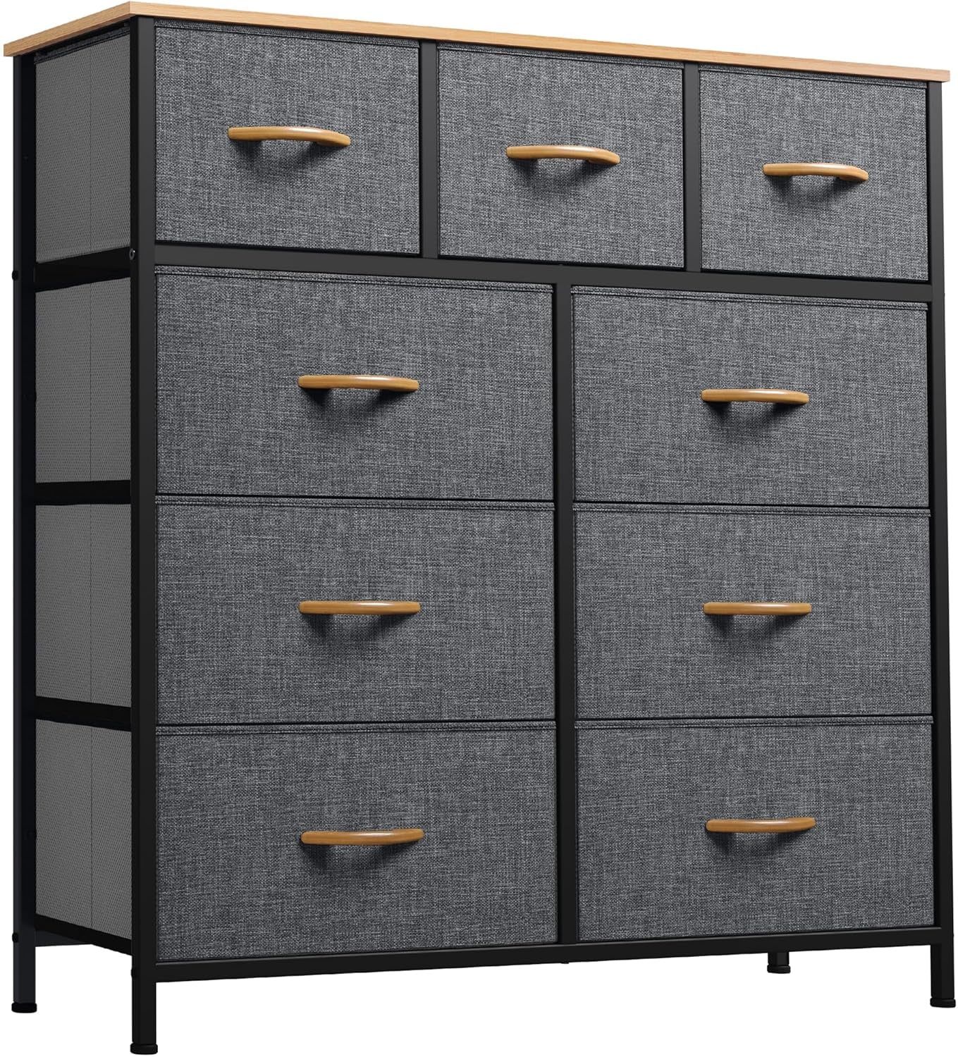 Dresser for Bedroom with 9 Drawers, Fabric Storage Dresser, Closet Dresser &amp; Chest of Drawers for Living Room, Closets - Sturdy Steel Frame, Wooden Top &amp; Easy Pull Fabric Bins(Dark Grey)