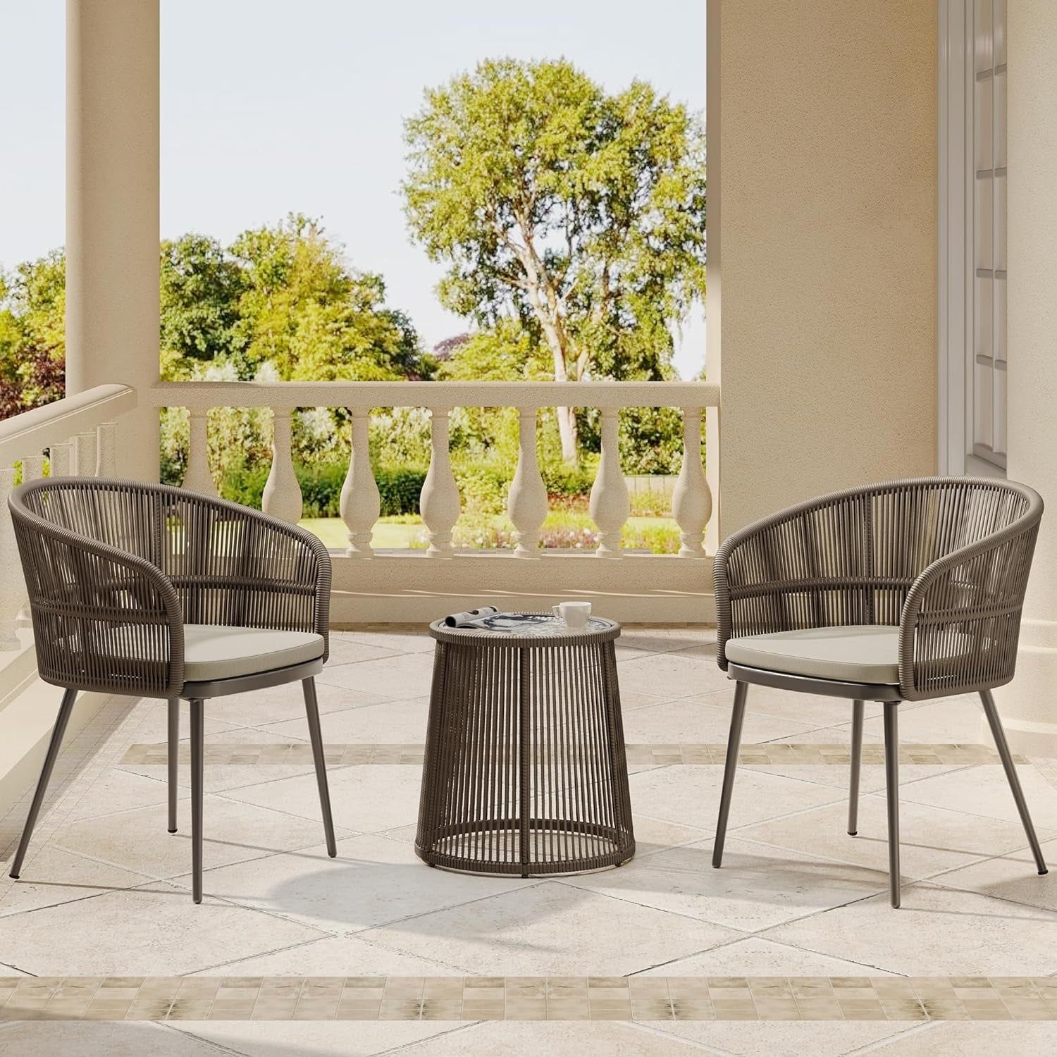 Breezeway Patio Furniture Set, 3-Piece outside Bistro Set Handwoven Rattan Wicker Chairs with Waterproof Cushions, Tempered Glass Table, Outdoor Conversation Set for Porch, Coffee &amp; Beige