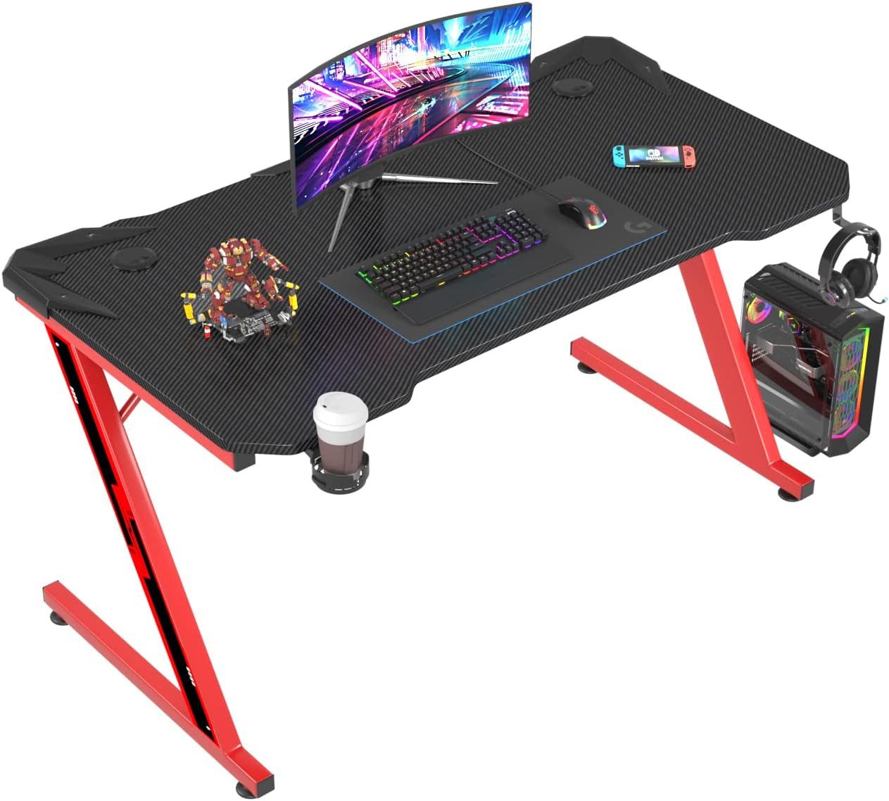 Gaming Computer Desk with Carbon Fiber Surface, Gaming Table Z Shaped Pc Home Office with Cup Holder&amp;Headphone Hook(44 In, Red)