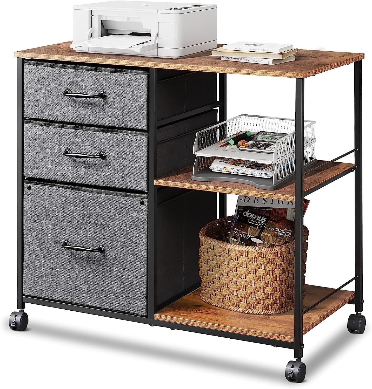 3 Drawer Mobile File Cabinet, Rolling Printer Stand with Open Storage Shelf, Fabric Lateral Filing Cabinet Fits A4 or Letter Size for Home Office, Rustic Brown