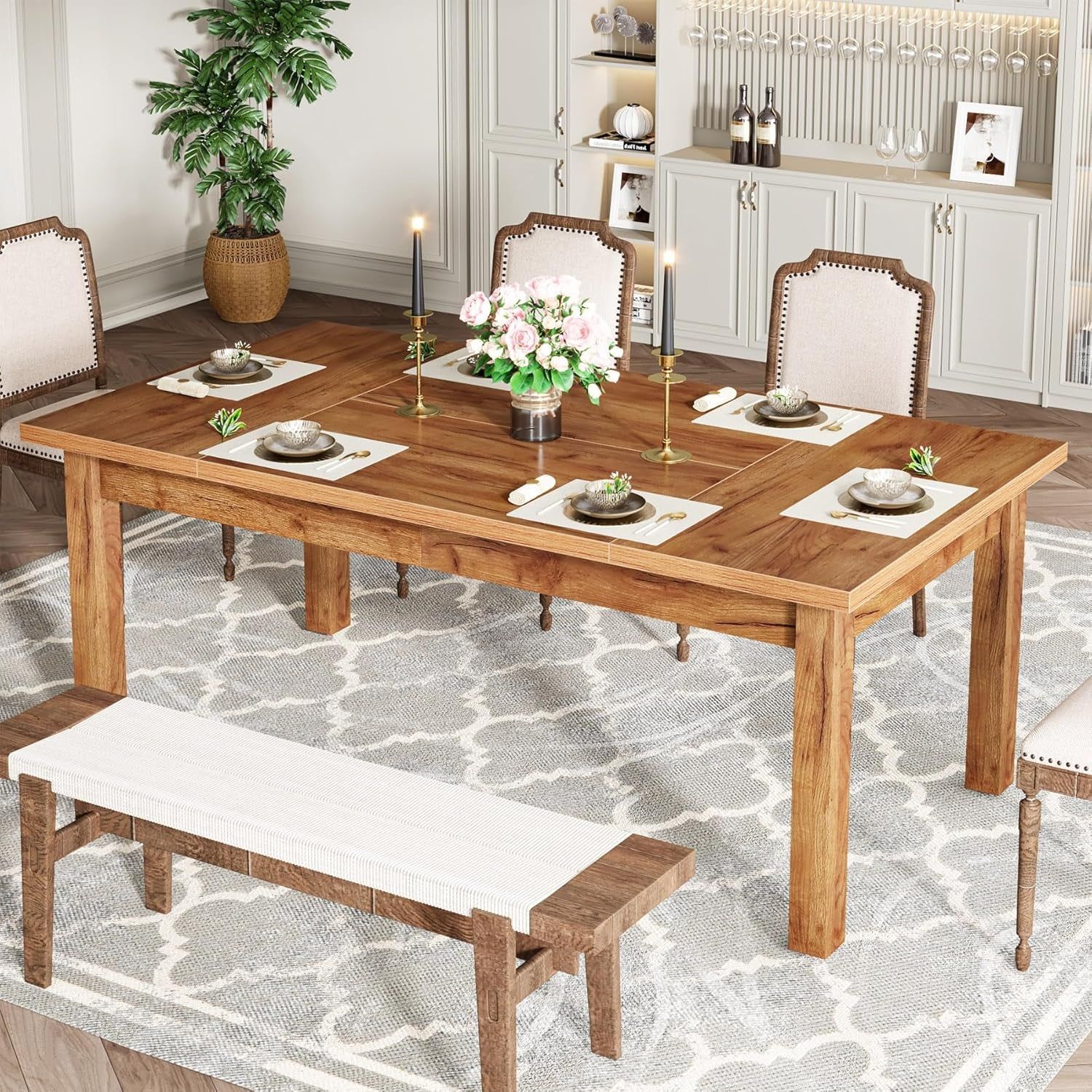70.87&quot; Wood Dining Table for 6-8 People, Modern Large Rectangle Kitchen Table, Farmhouse Dinner Table Dining Room Table Kitchen &amp; Dining Room Furniture with Thickened Legs