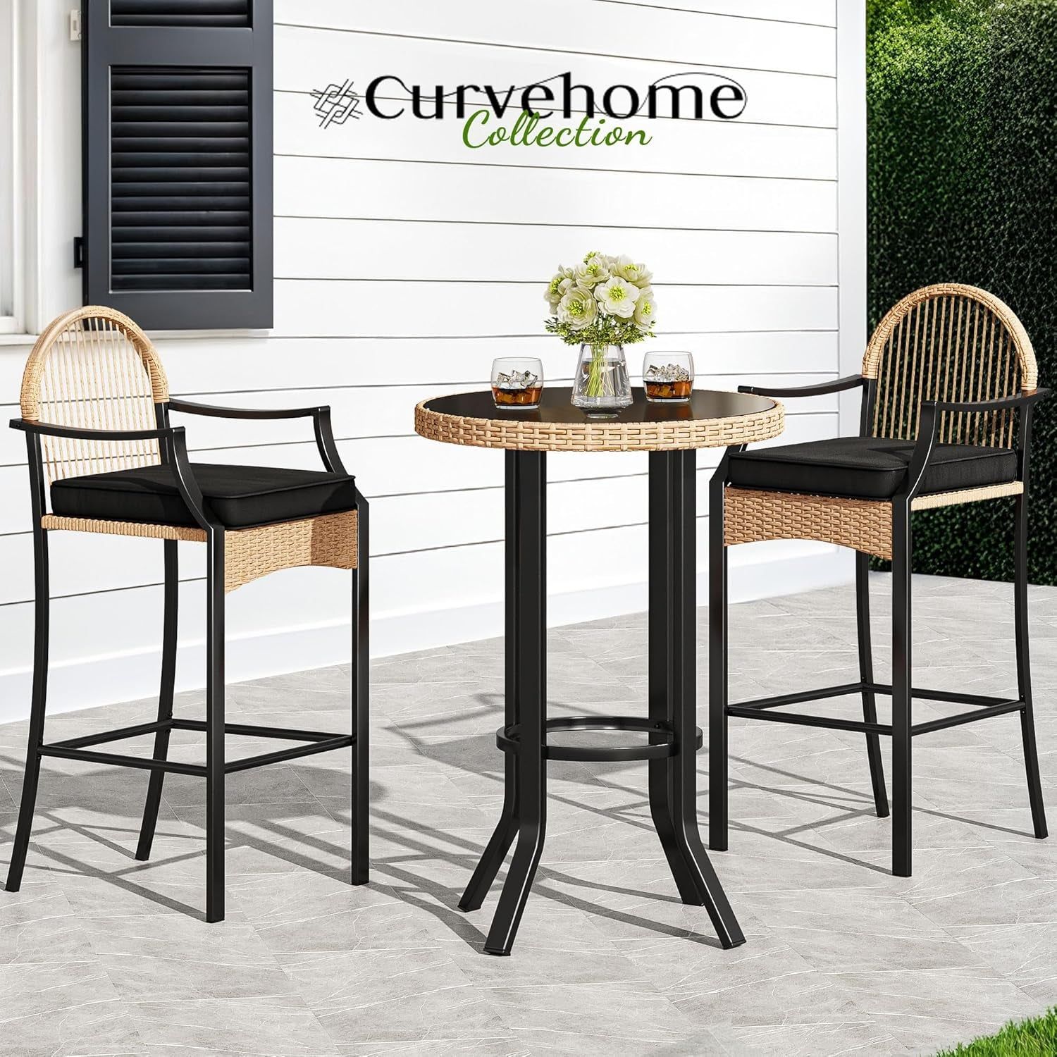 3-Piece Outdoor Wicker Bar Height Set with Cushioned Barstools, Patio Bistro Furniture for Balcony and Poolside, Black+Light Yellow