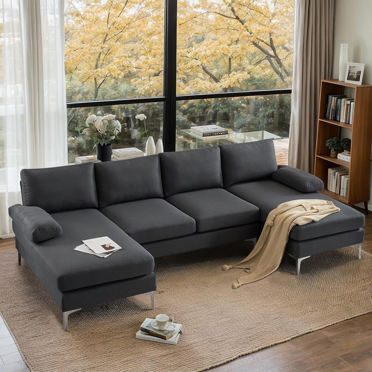 110&quot; Modern U Shaped Sectional Couch with 51&quot; D Double Chaise for Living Room, Grey Deep Seat Sectional Sofa Sets with 5.9&quot; Thickness Seating Padding for Home Furniture,Linen Fabric,Metal Legs