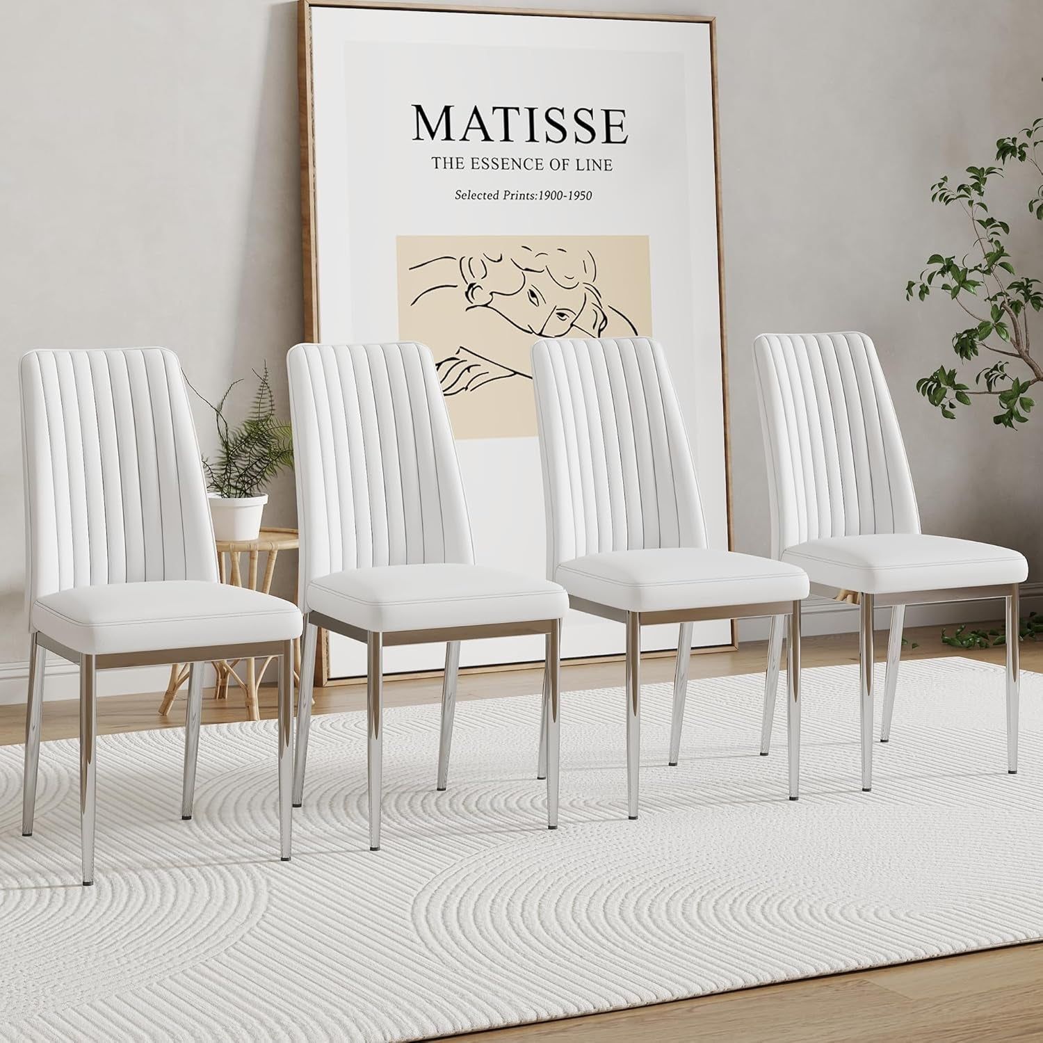 White Leather Chair, Modern Dining Chair Set of 4 with PU Leather and Chrome Leg, Sillas De Comedor with High Back for Dining Room, Kitchen, Living Room (WH-4)
