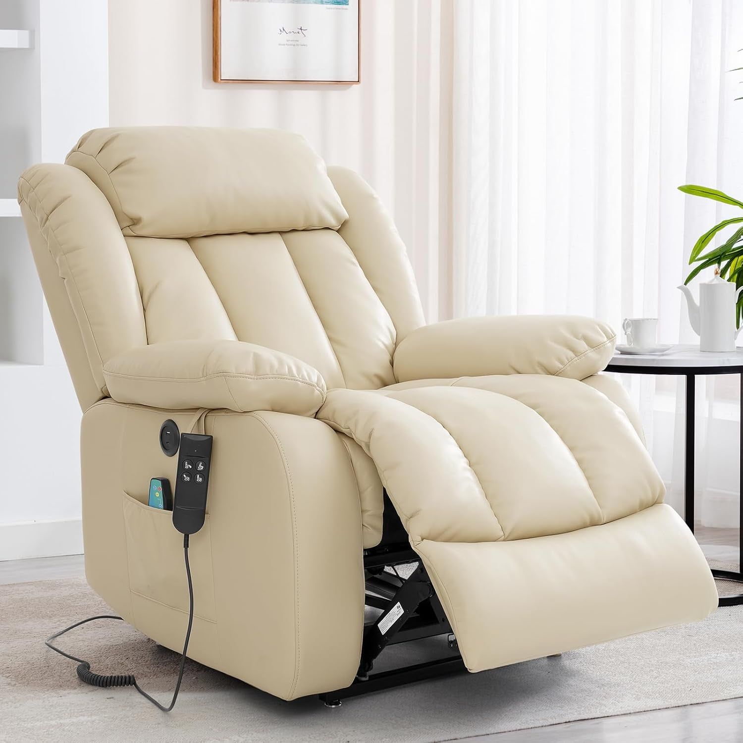Dual Motor Large Power Lift Recliner Chair Recliners for Elderly, Infinite Position Recliner Chair with Heat and Massage, Breathable Leather(Beige)