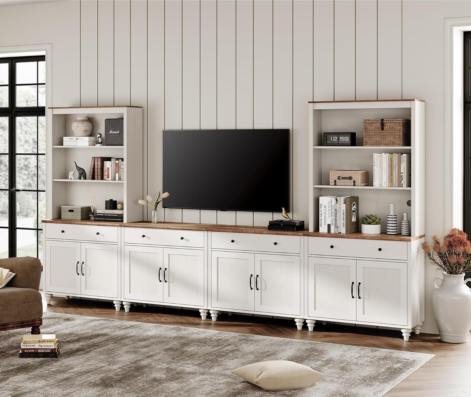 Entertainment Center with Bookshelves for Tvs up to 75&quot;, Farmhouse Wall Unit TV Stand with 8 Doors &amp; 4 Drawer, Media Console Table for Living Room, Bedroom &amp; Home Theater, off White