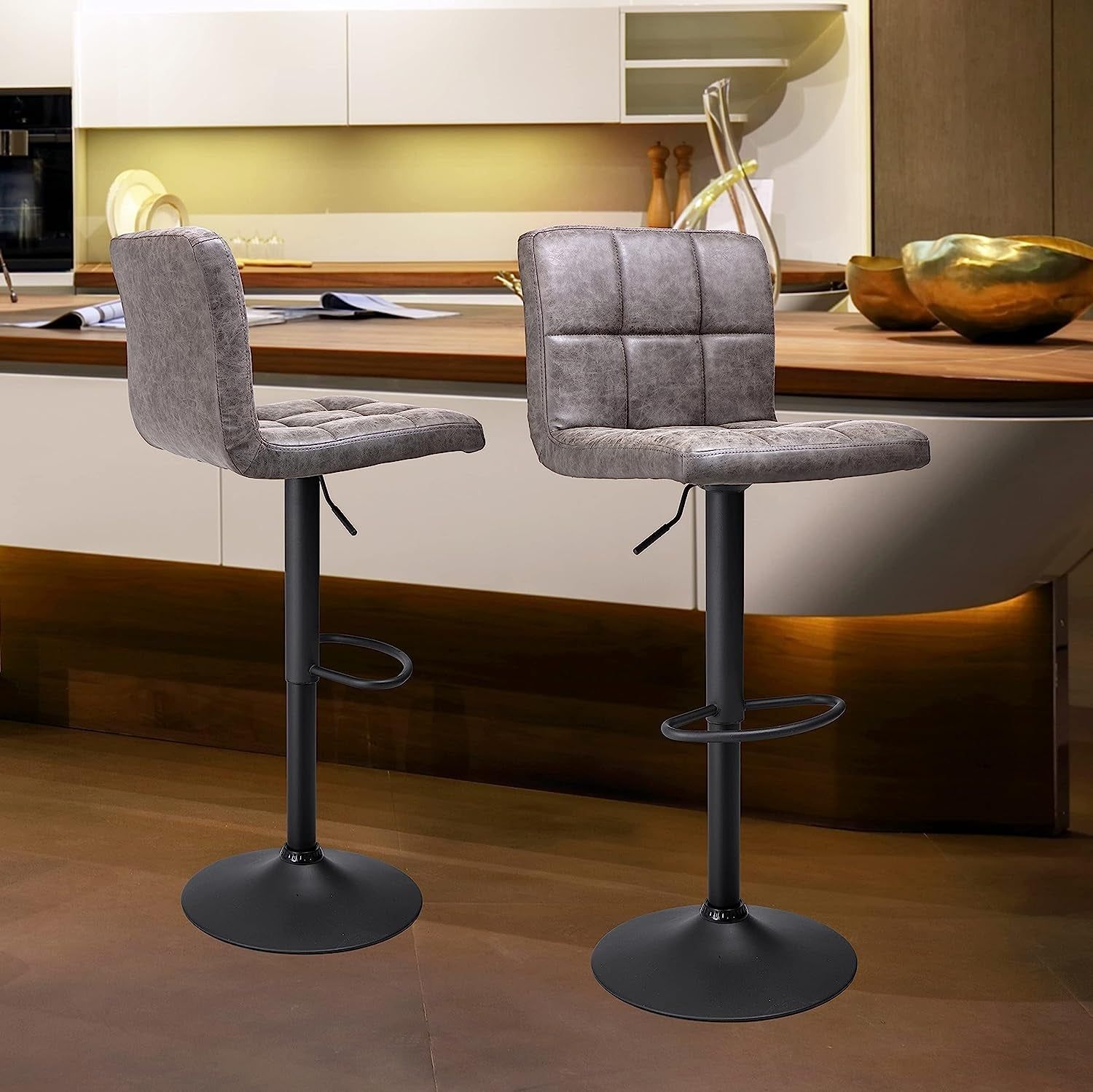 Vintage Leather Swivel Barstools, Set of 2, Grey
