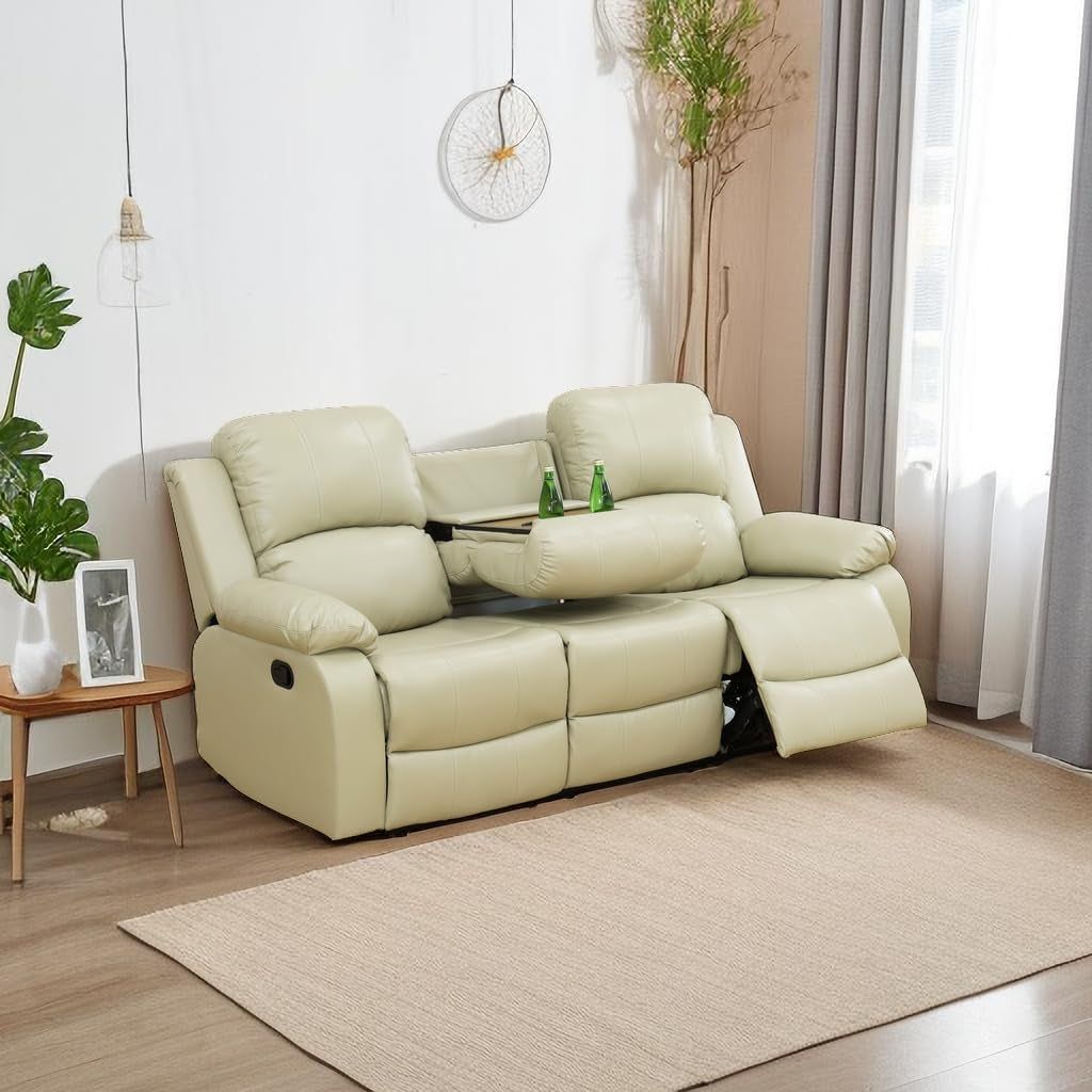 Living Room Furniture Set Leather Recliner Sofa Set Loveseat Chair Furniture Sofa Set for Living Room/Small Space/Rv/House/Office/Theater Seating (A-Beige Leather,Sofa(3Seater))