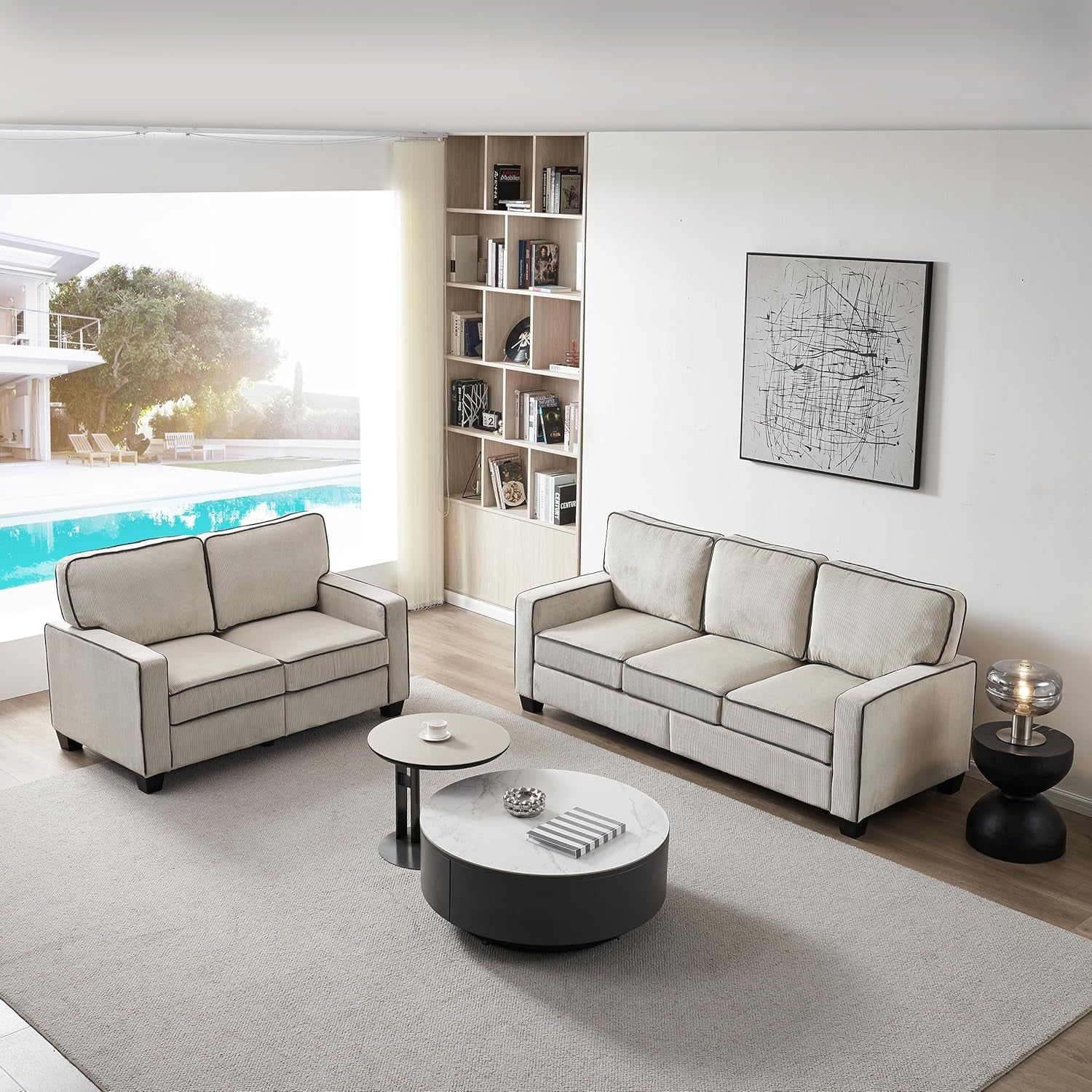 2 Piece Sofa Set，Living Room Furniture Set with Storage &amp; Solid Wood Legs, Corduroy Fabric Upholstered Sofa Set 3-Seat Sofa and Loveseat for Living Room, Bedroom, Apartment