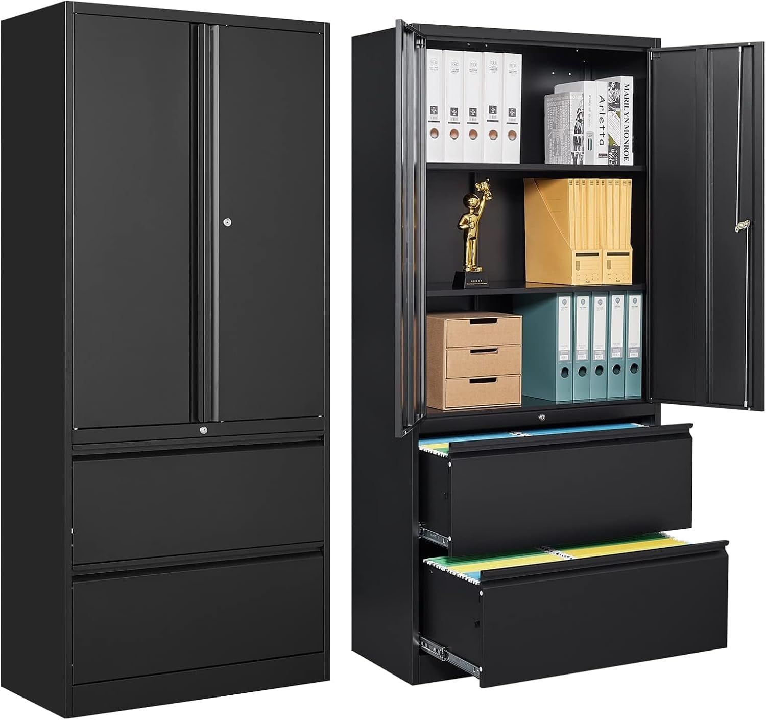 2 Drawer Lateral File Cabinet, Metal Storage Cabinet with Drawers, Locking File Cabinet with Storage Shelves, Metal Storage Cabinets for Letter/Legal/F4/A4 Size Files (Two Drawer, Black)