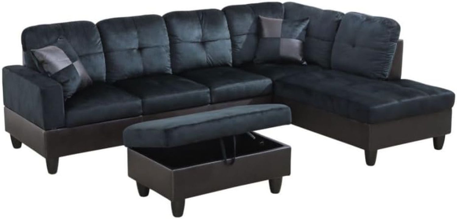 L-Shaped 3-Piece Lint and PVC Sofa with Storage Ottoman Set, Sectional Couch Sofa Set for Living Room, Office, Small Space, Dark Blue and Brown
